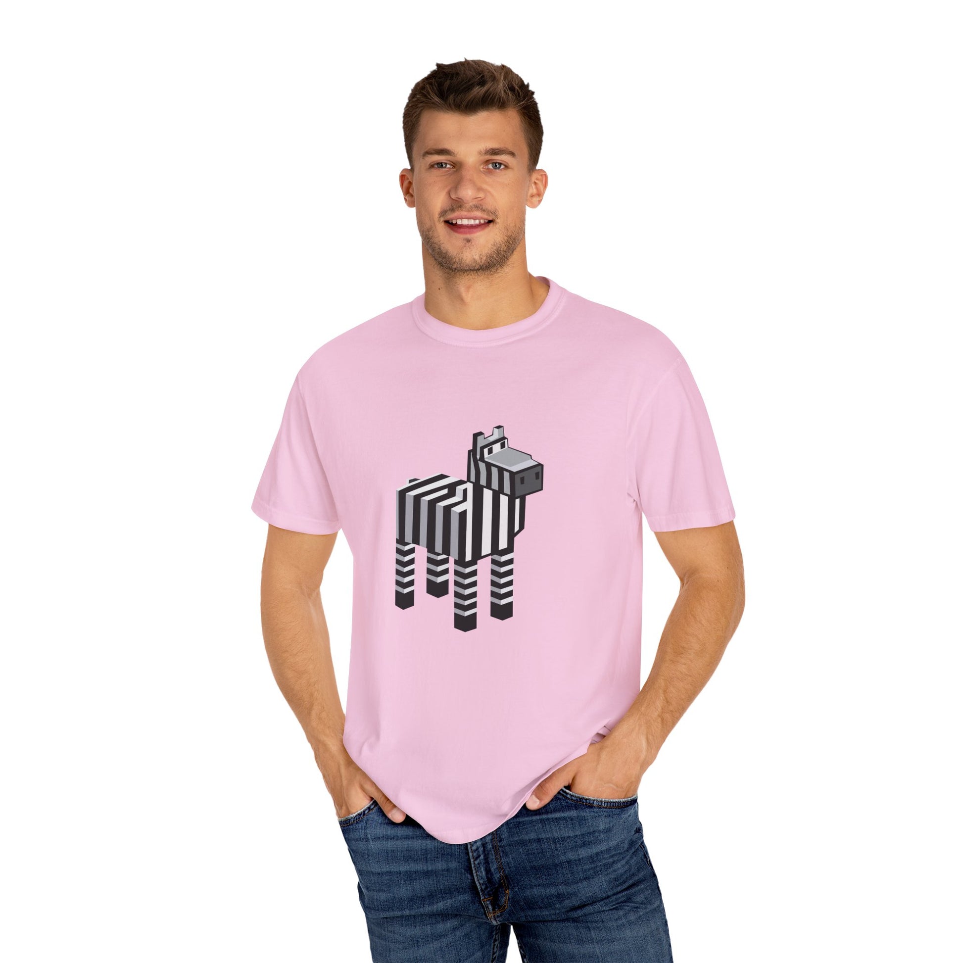 Male model wearing unisex Pixel Zebra T-Shirt in pink