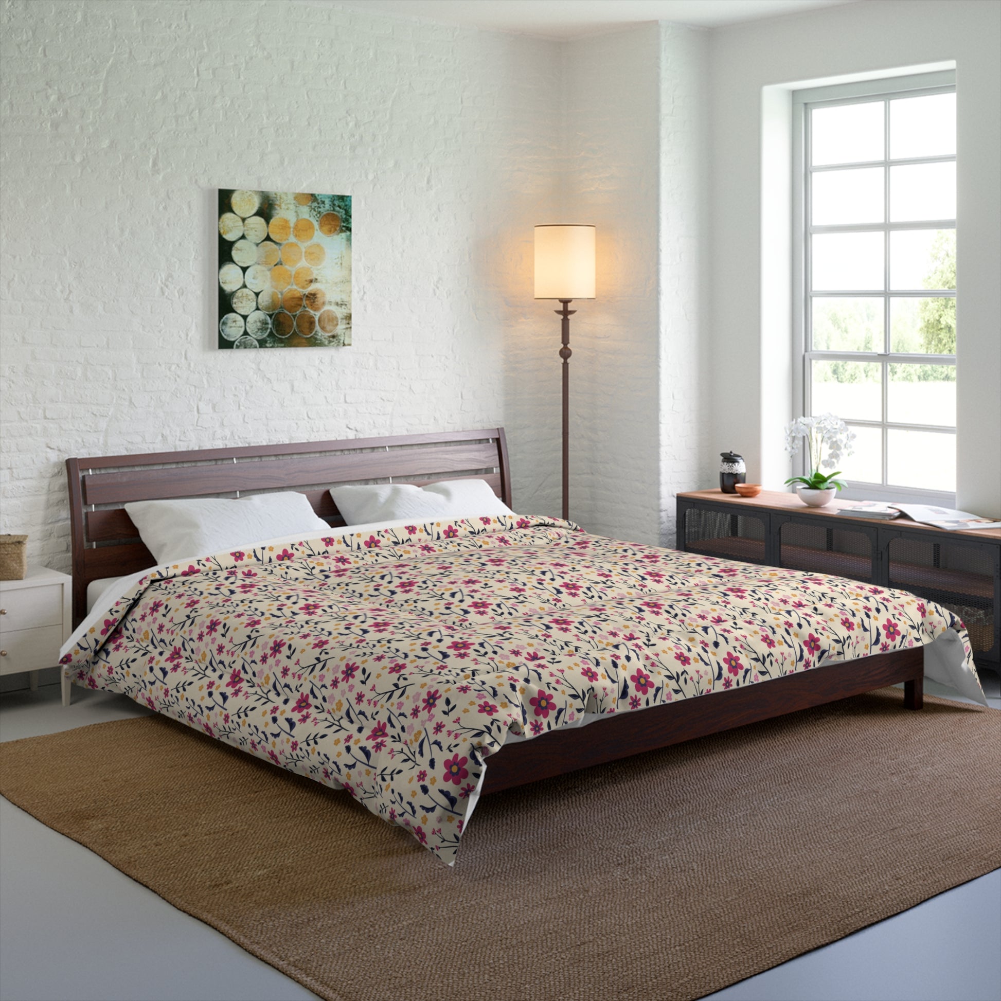 Bedroom with Little Flowers Comforter featuring pink floral pattern on cream base, spread neatly on wooden bed.