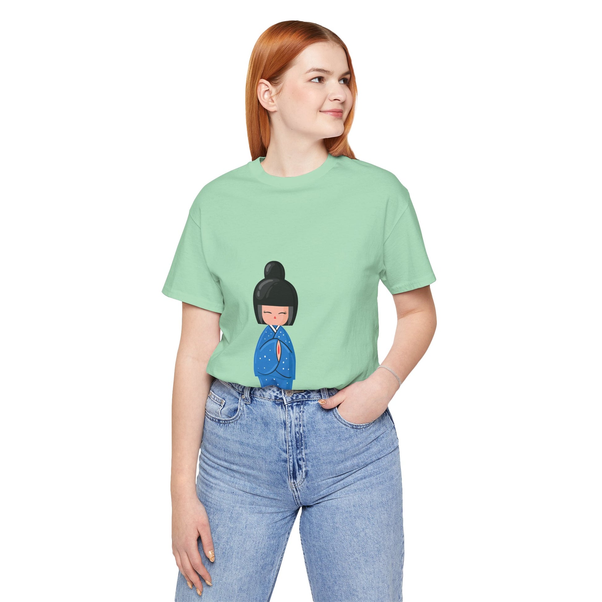 Woman in green Geisha Blue T-Shirt styled casually