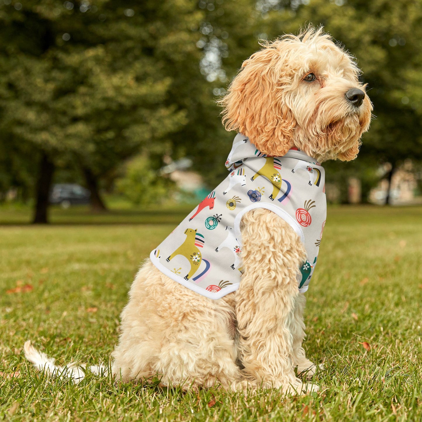 Dog sitting outdoors in Horses Pet Hoodie with hood up