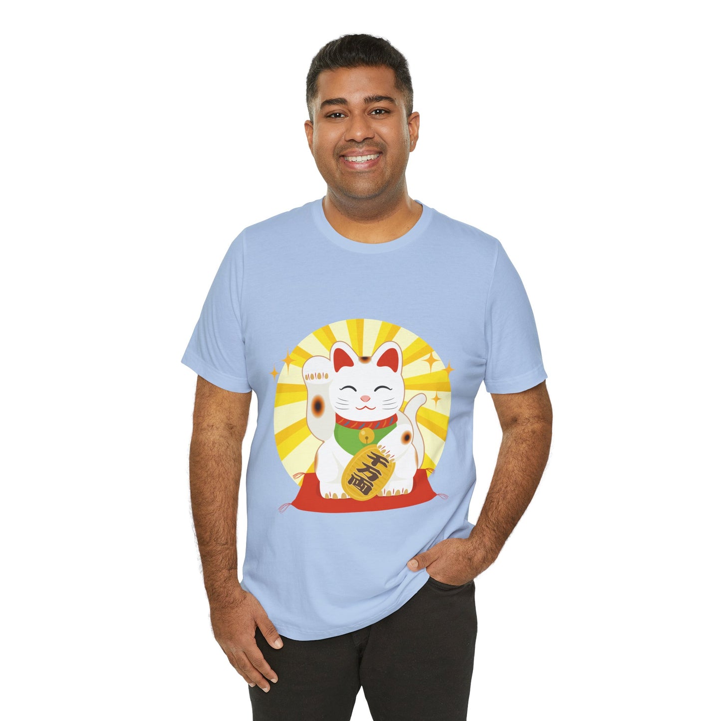 Light blue Maneki Neko T-Shirt worn by man smiling