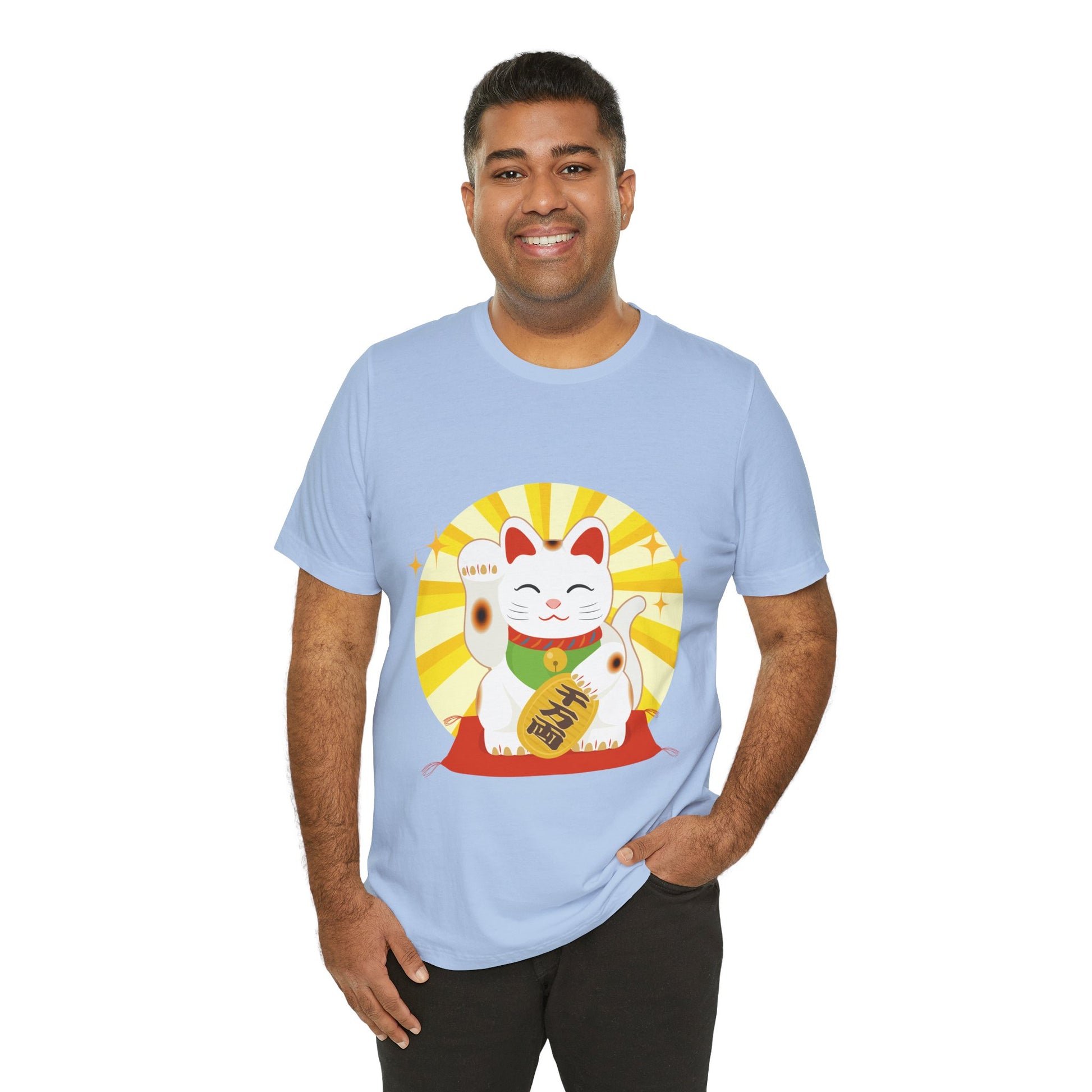 Light blue Maneki Neko T-Shirt worn by man smiling