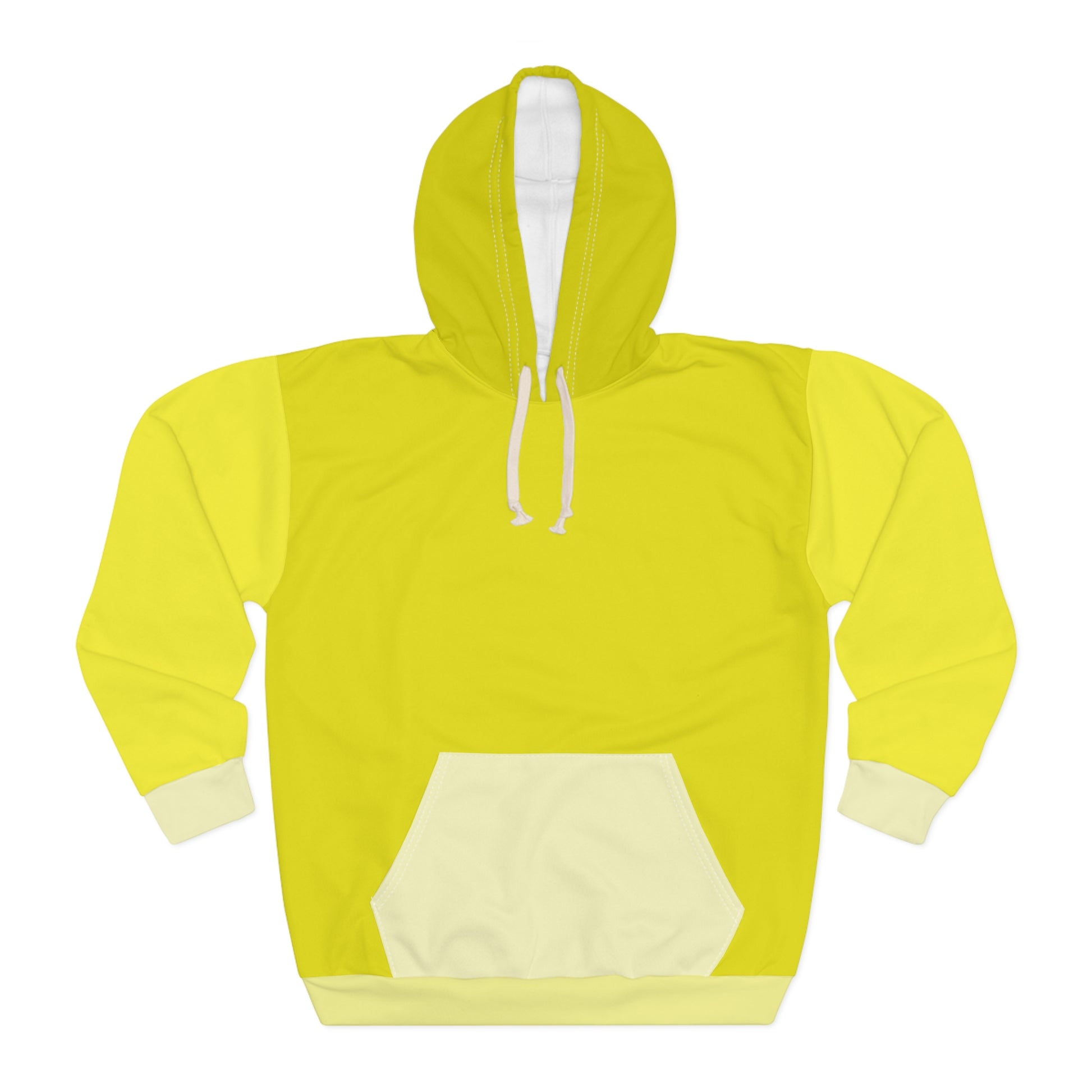 Banana Unisex Hoodie front view showing bright yellow color block design with white drawstring hood and spacious kangaroo pocket
