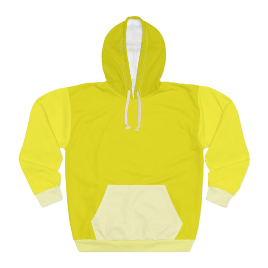 Banana Unisex Hoodie front view showing bright yellow color block design with white drawstring hood and spacious kangaroo pocket