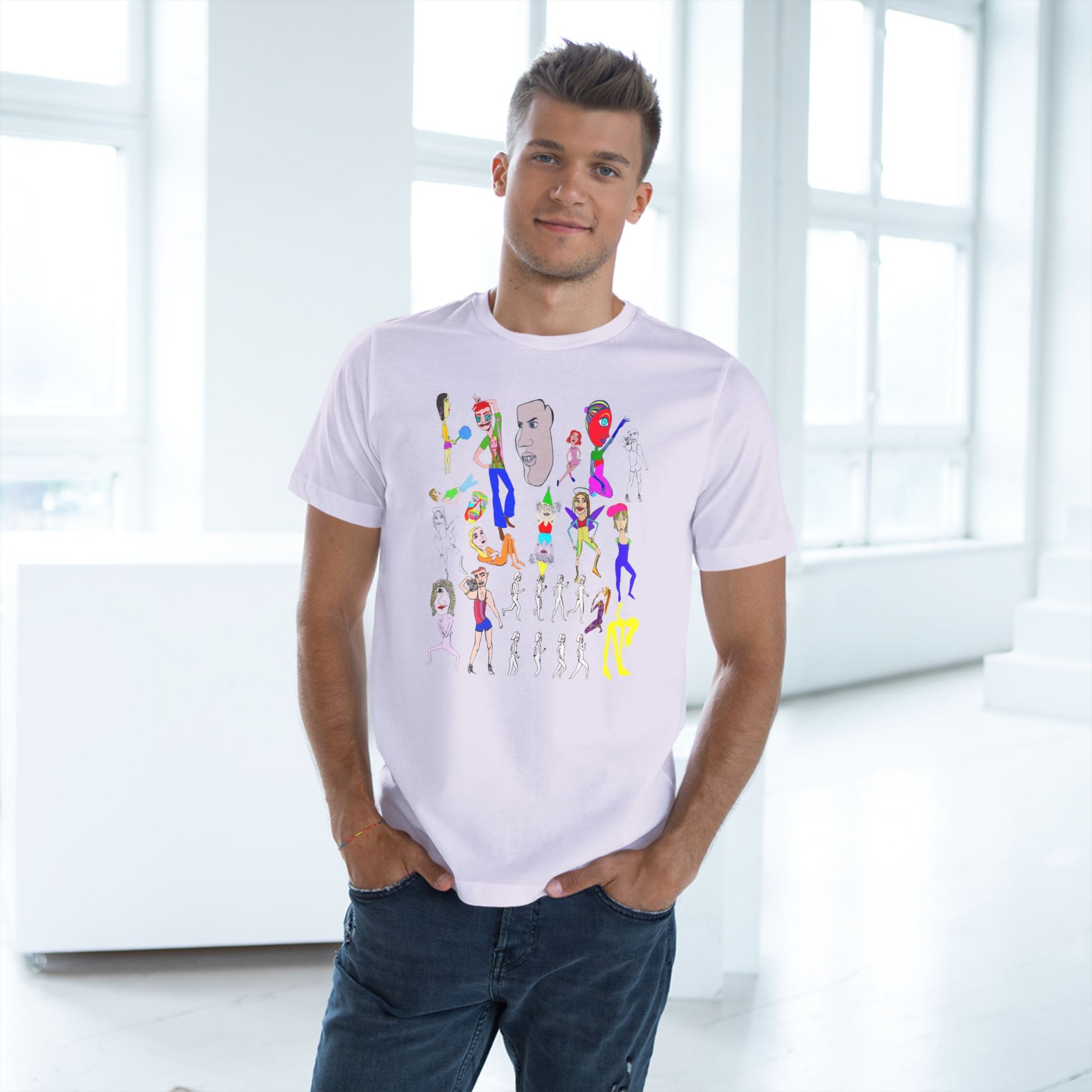 Male model wearing white Mix Unisex Deluxe T-Shirt with colorful design, hands in pockets.