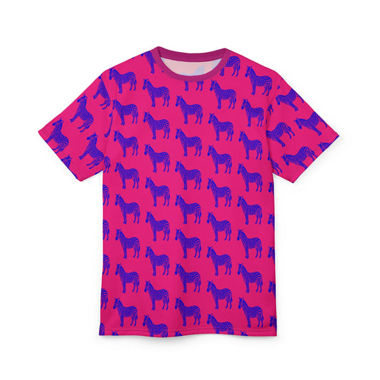 Blue Zebra Unisex T-Shirt flat lay front view with vivid blue zebra print on pink fabric.