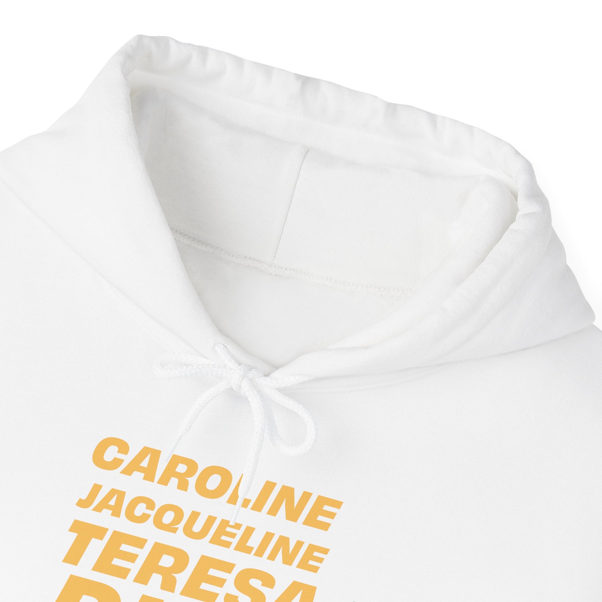 Close-up of white OG NJ Housewives Hooded Sweatshirt showing yellow bold text design and adjustable white drawstring hood.