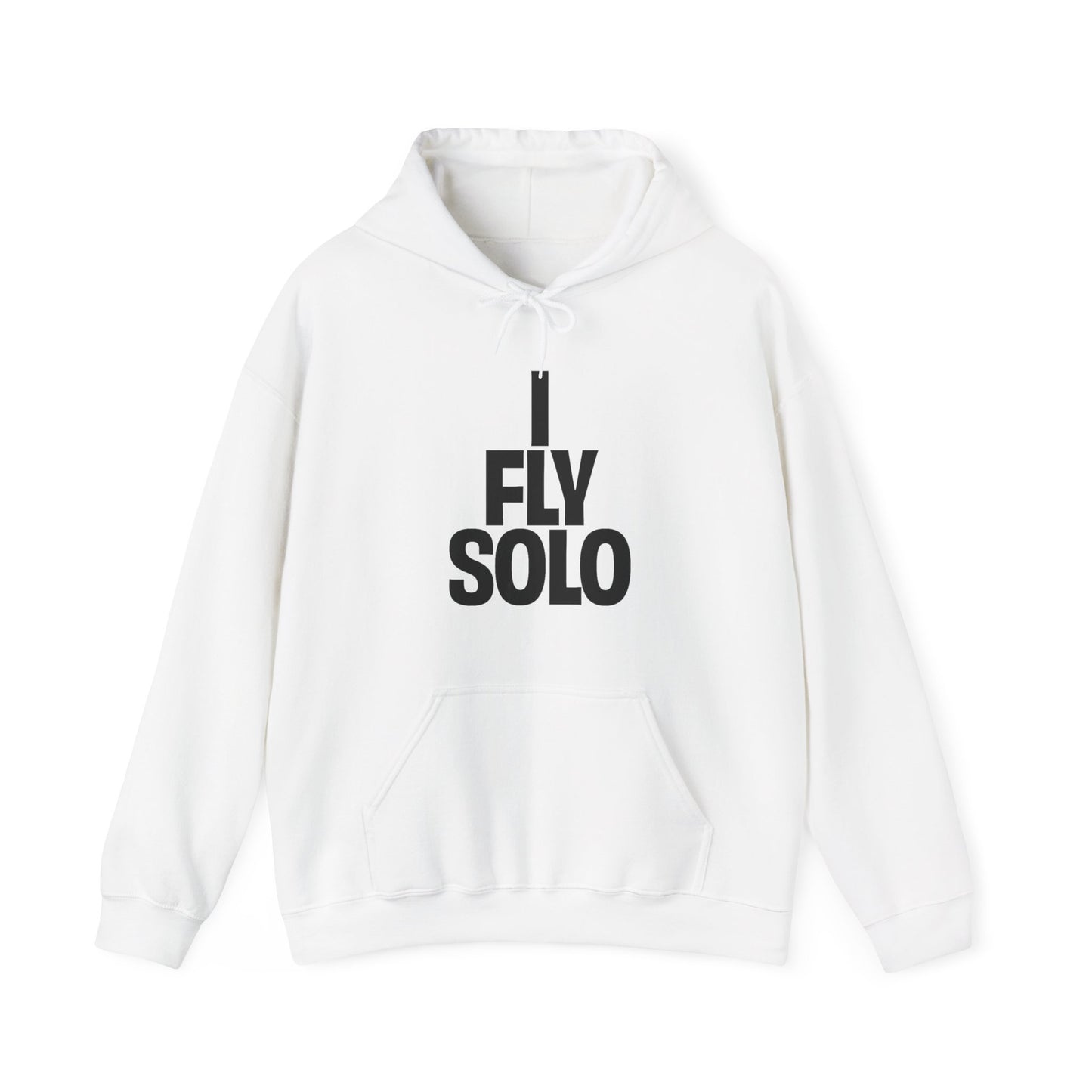 White hoodie with 'I Fly Solo' text on a white background