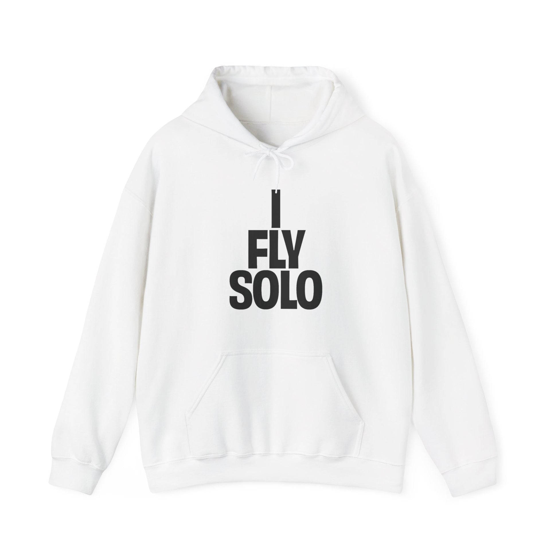 White hoodie with 'I Fly Solo' text on a white background