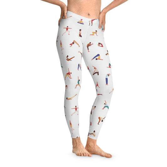 Model wearing Yogini Leggings in white with colorful yogini pose illustrations, front view.