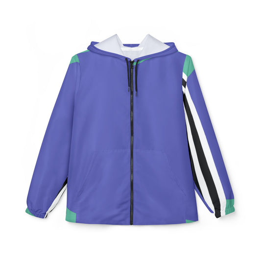 Front view of Retro Lines Windbreaker Jacket with blue body, black zipper, green accents, and striped sleeve.