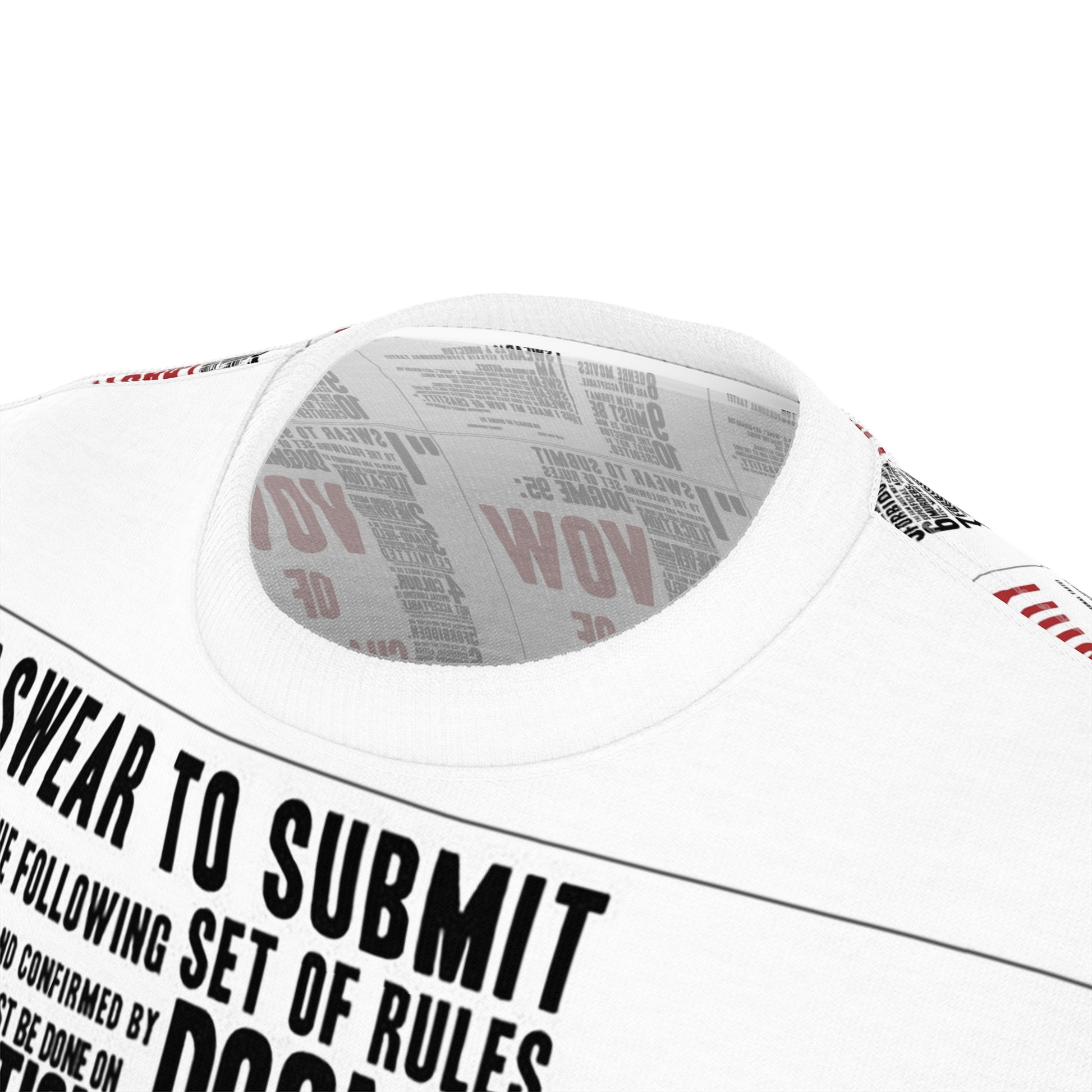 Close-up of Dogma 95 Unisex T-shirt collar and upper print showing fine print details and soft polyester fabric texture.