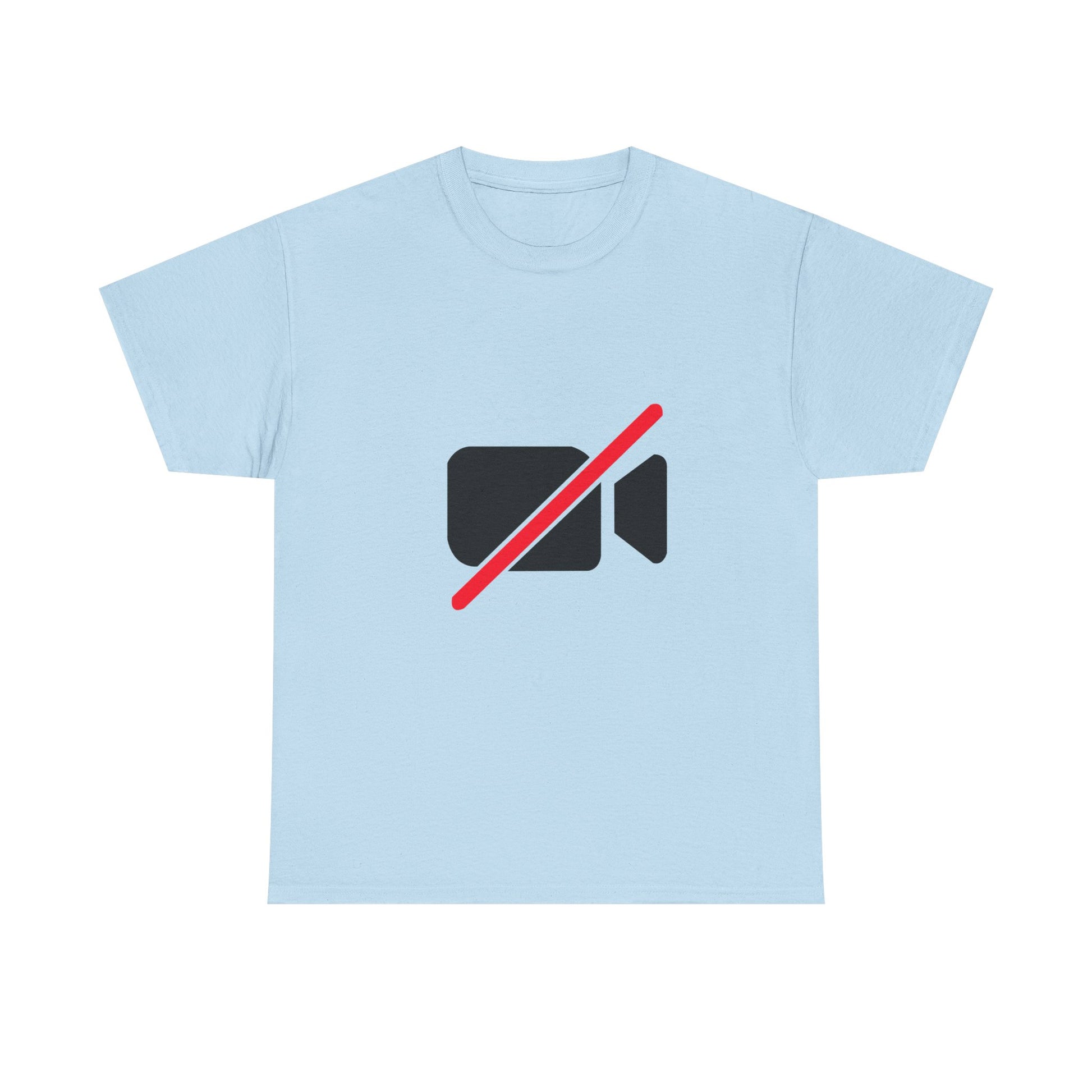 Camera Off unisex T-shirt funny remote work humor shirt with camera off icon design on light blue shirt