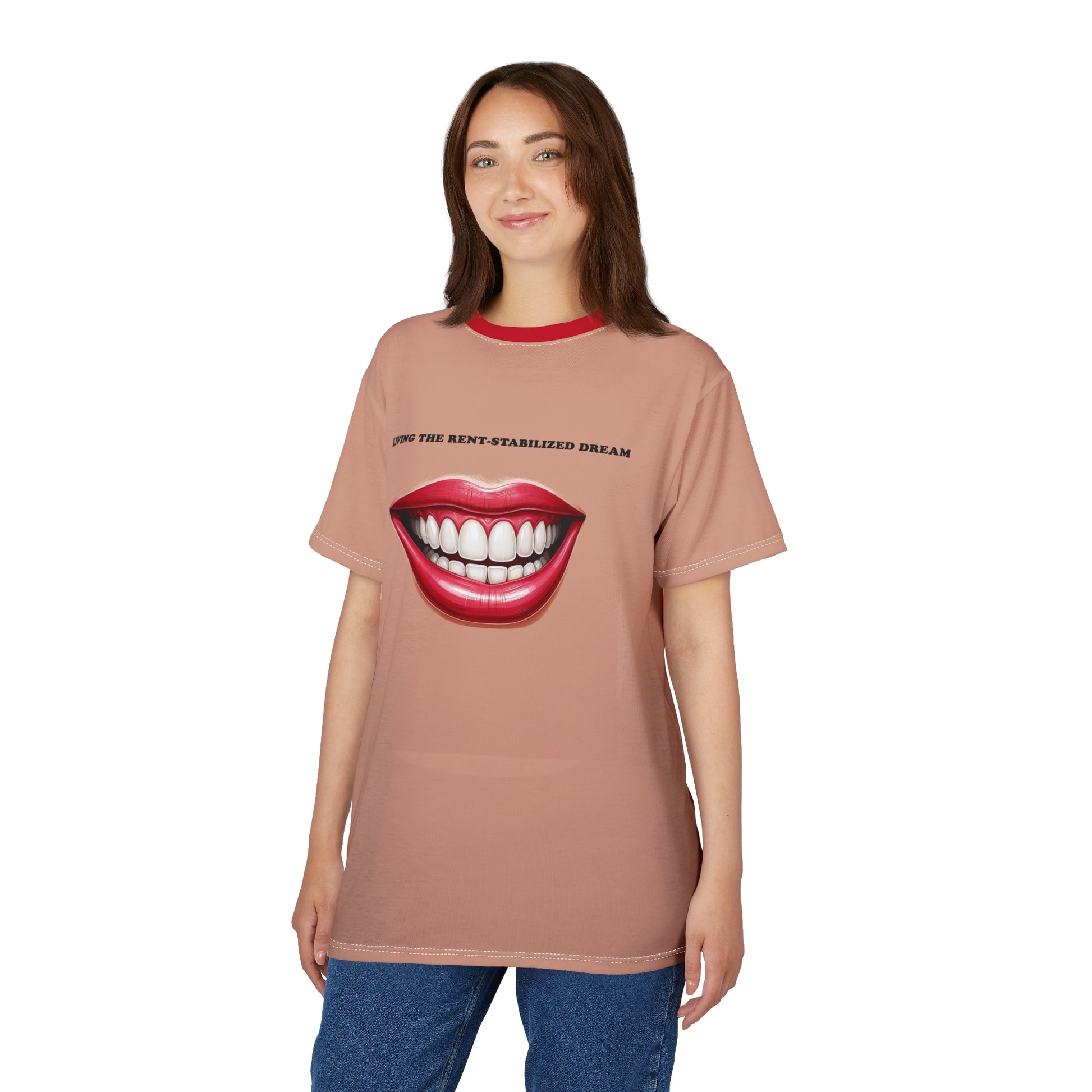 Urban style Rent-Stabilized Dream Unisex T-Shirt on female model, full body view