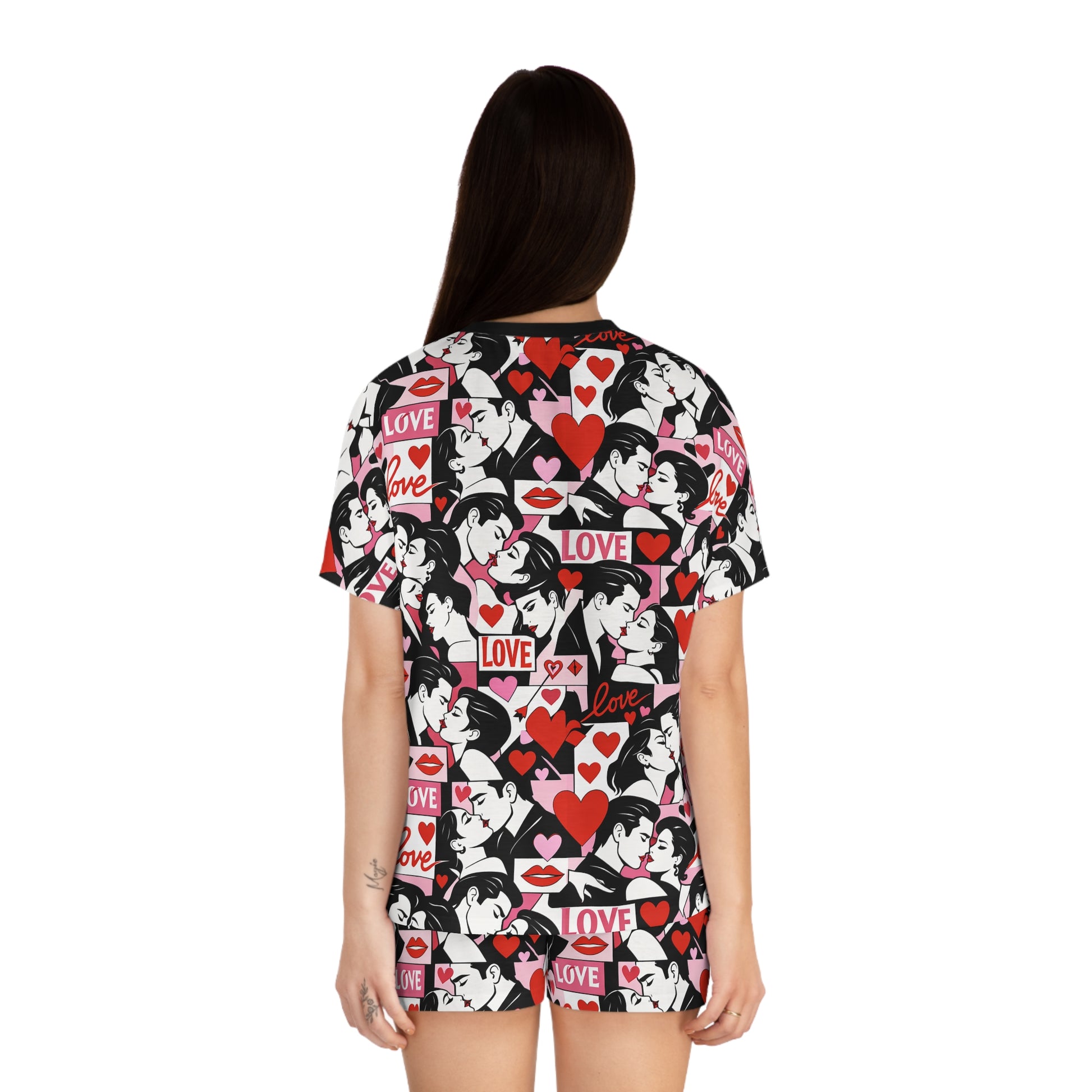 Back view of women’s retro love print pajama set showing full graphic coverage