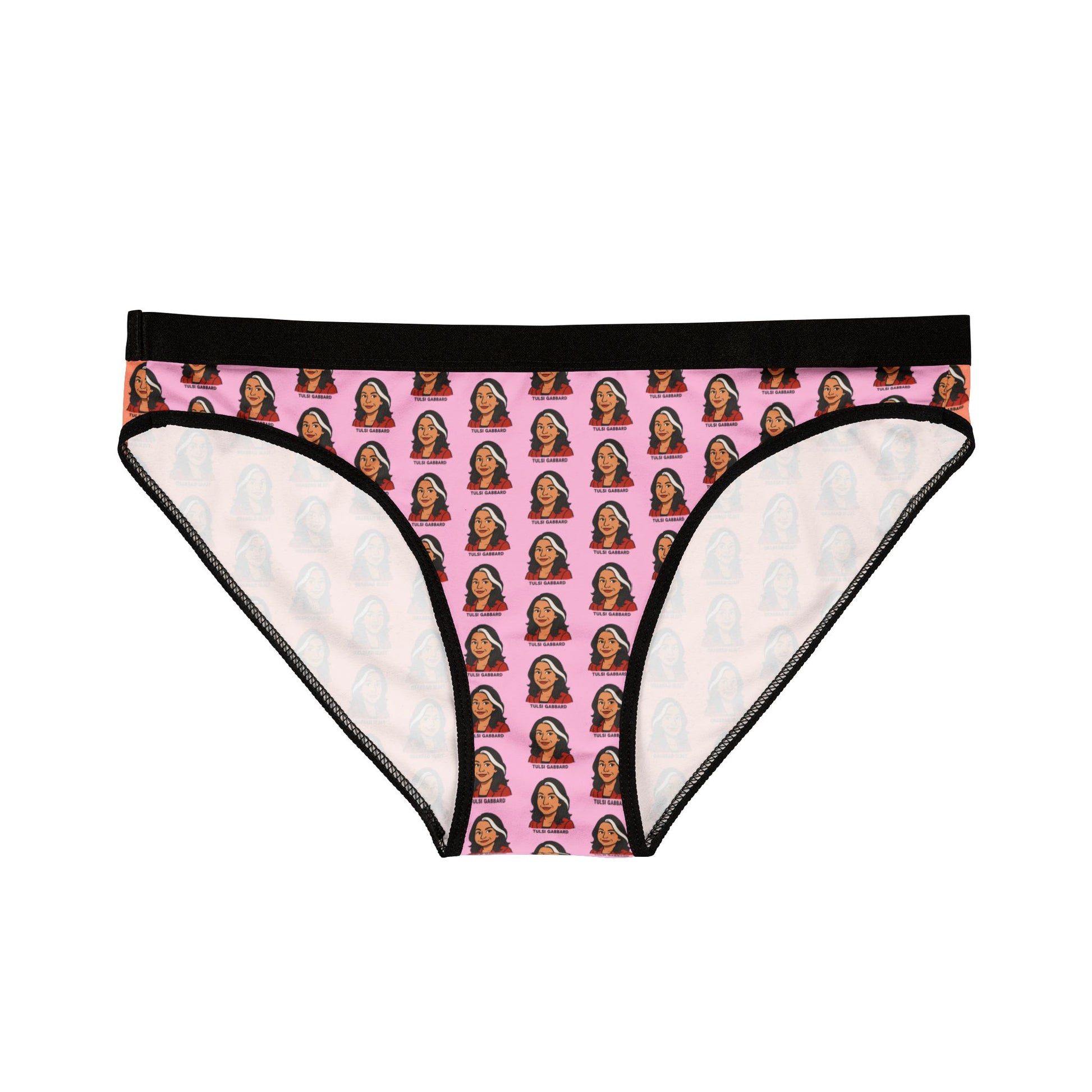 Front view of Tulsi Gabbard women’s underwear with black waistband and repeated face pattern on pink background