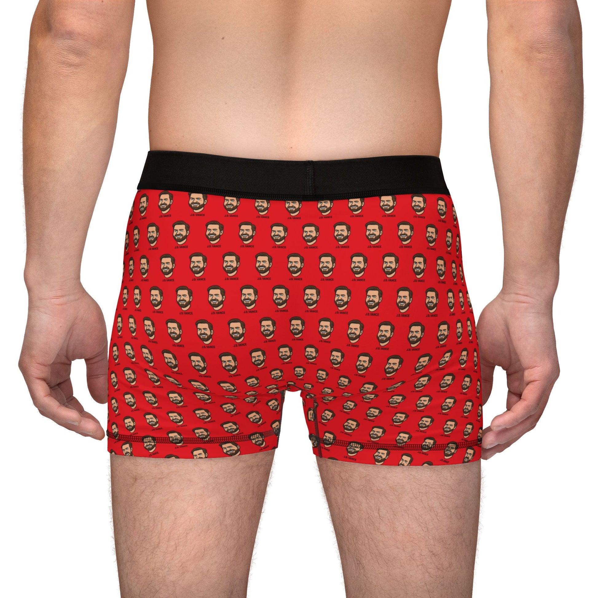 Back view of a man modeling J.D. Vance Boxer Briefs, showcasing full-print rear and fit.