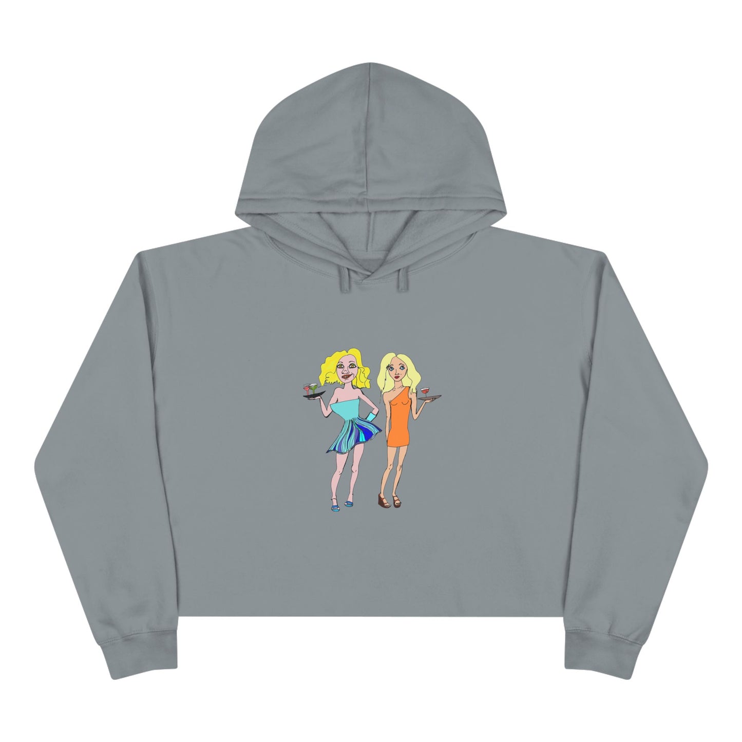 Waitress Crop Unisex Hoodie in gray laid flat with original waitress artwork