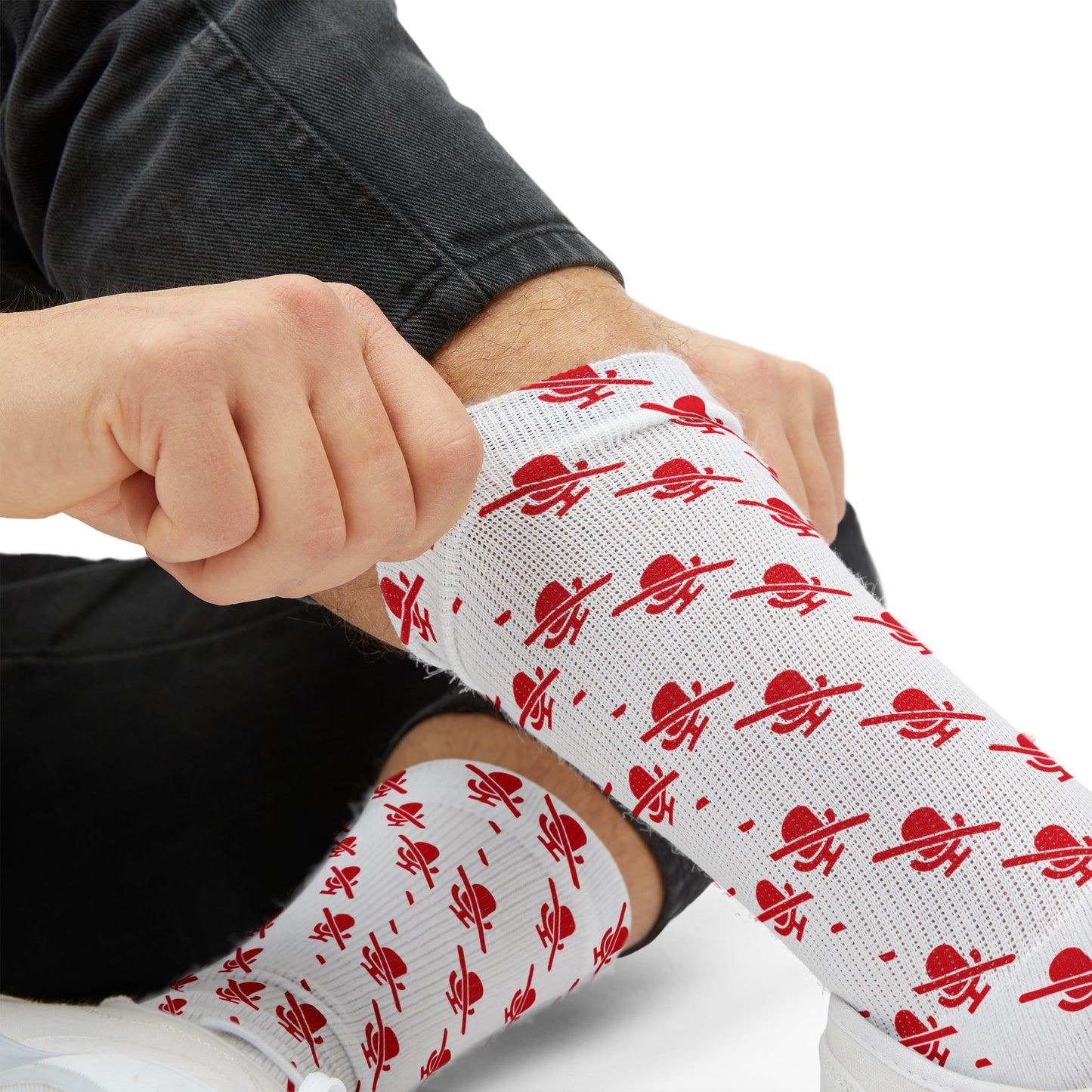 mic off socks white with red pattern close up fabric stretch detail