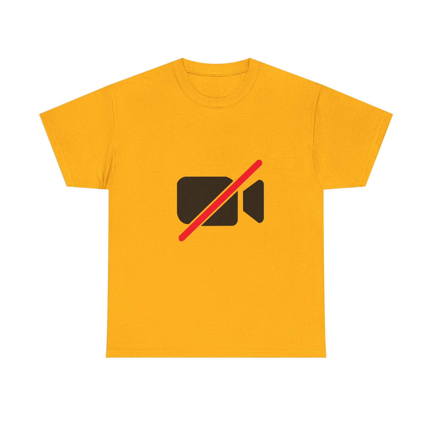 Camera Off unisex T-shirt funny remote work graphic tee with minimalist camera off icon design on yellow shirt