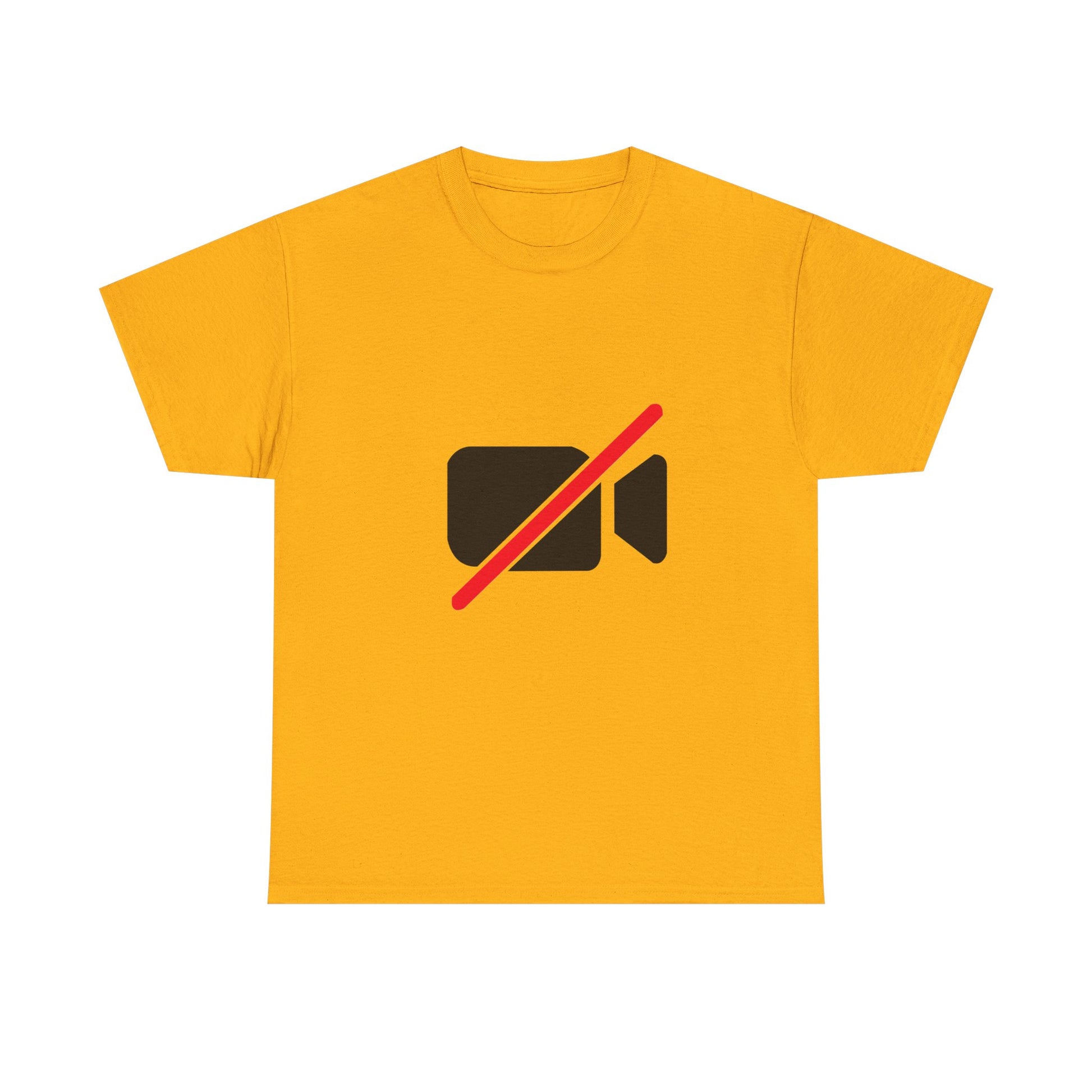 Camera Off unisex T-shirt funny remote work graphic tee with minimalist camera off icon design on yellow shirt
