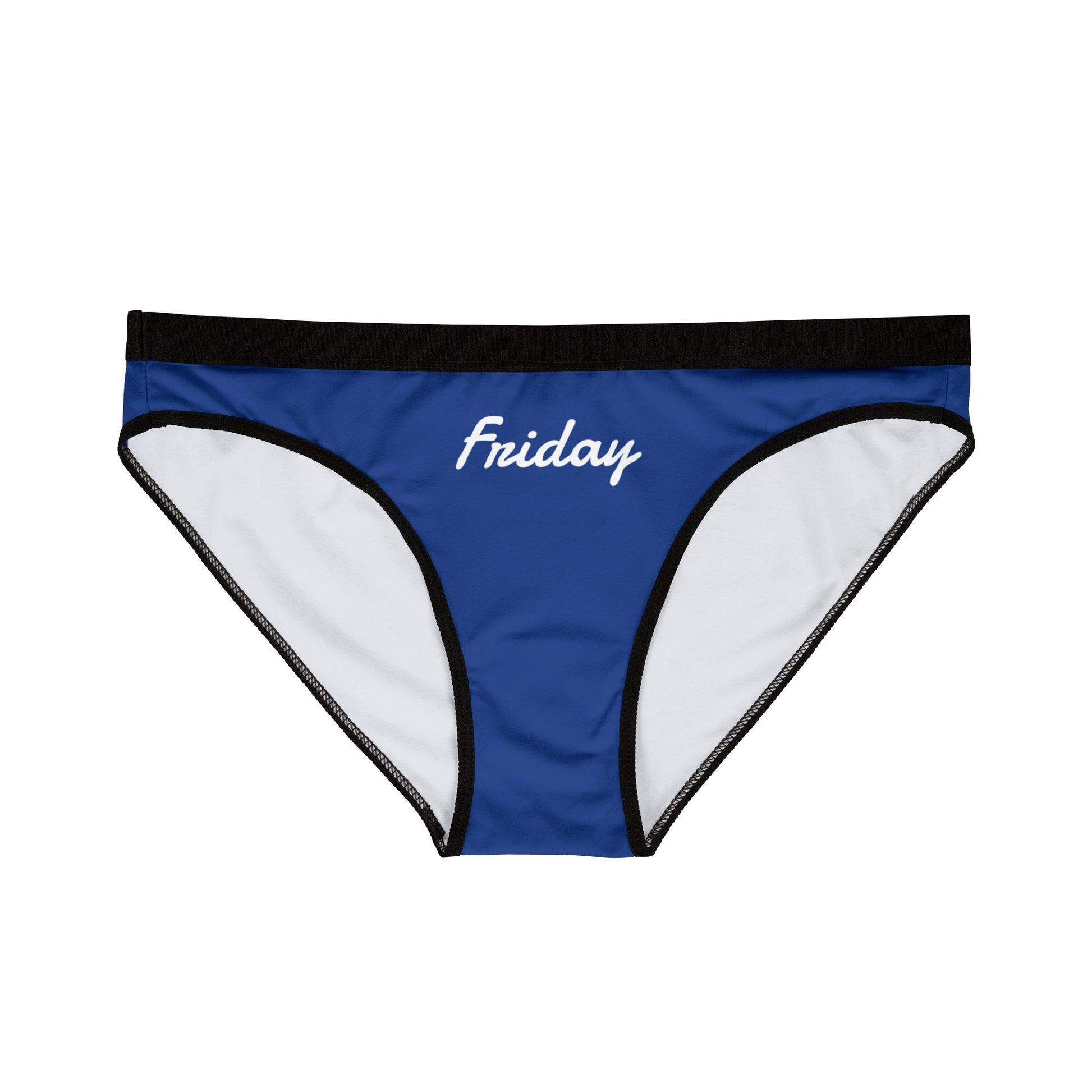 Front view of Friday Panty Blue with black waistband and trim, white “Friday” text on rich blue fabric