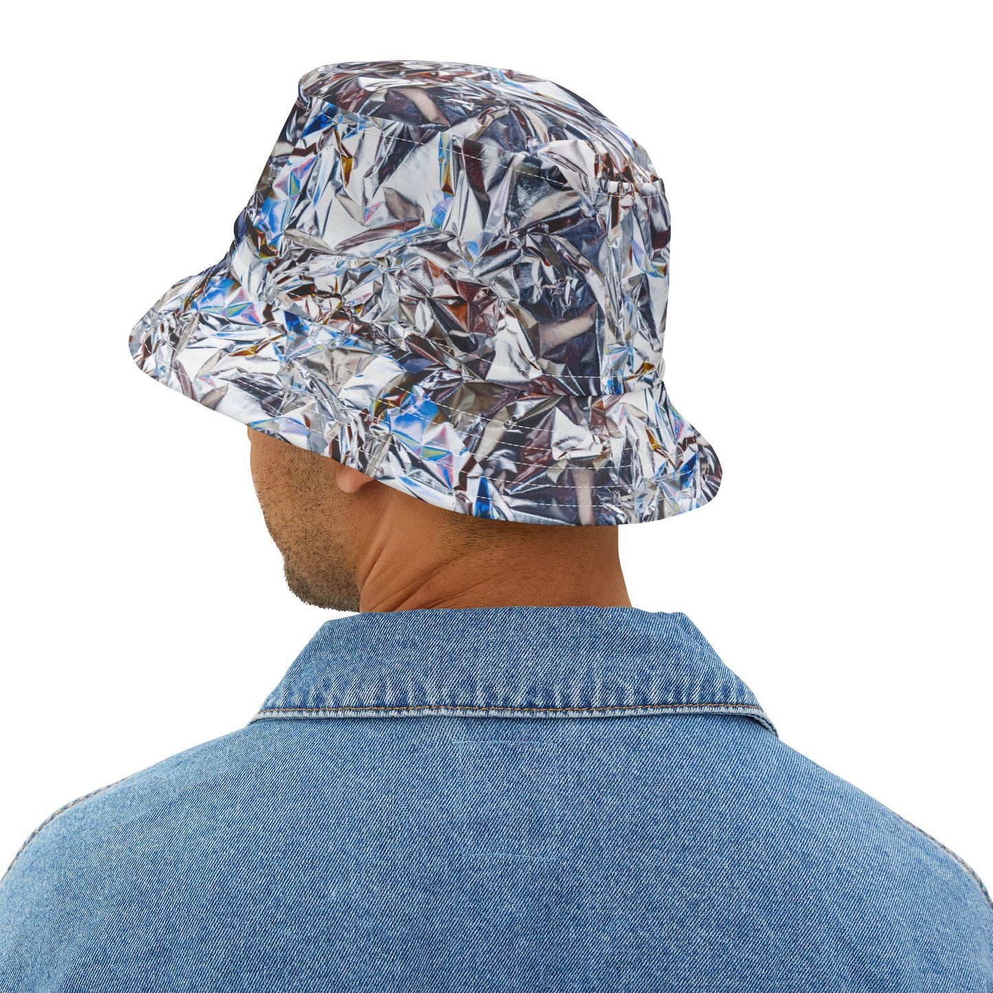 Back view of Tinfoil Bucket Hat worn by man in denim jacket