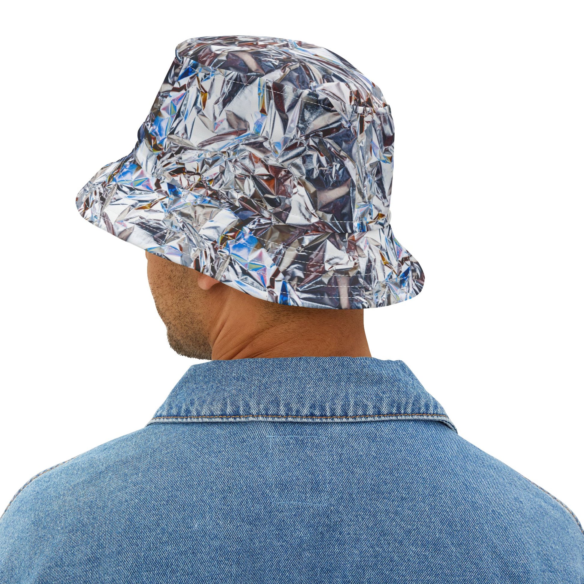 Back view of Tinfoil Bucket Hat worn by man in denim jacket