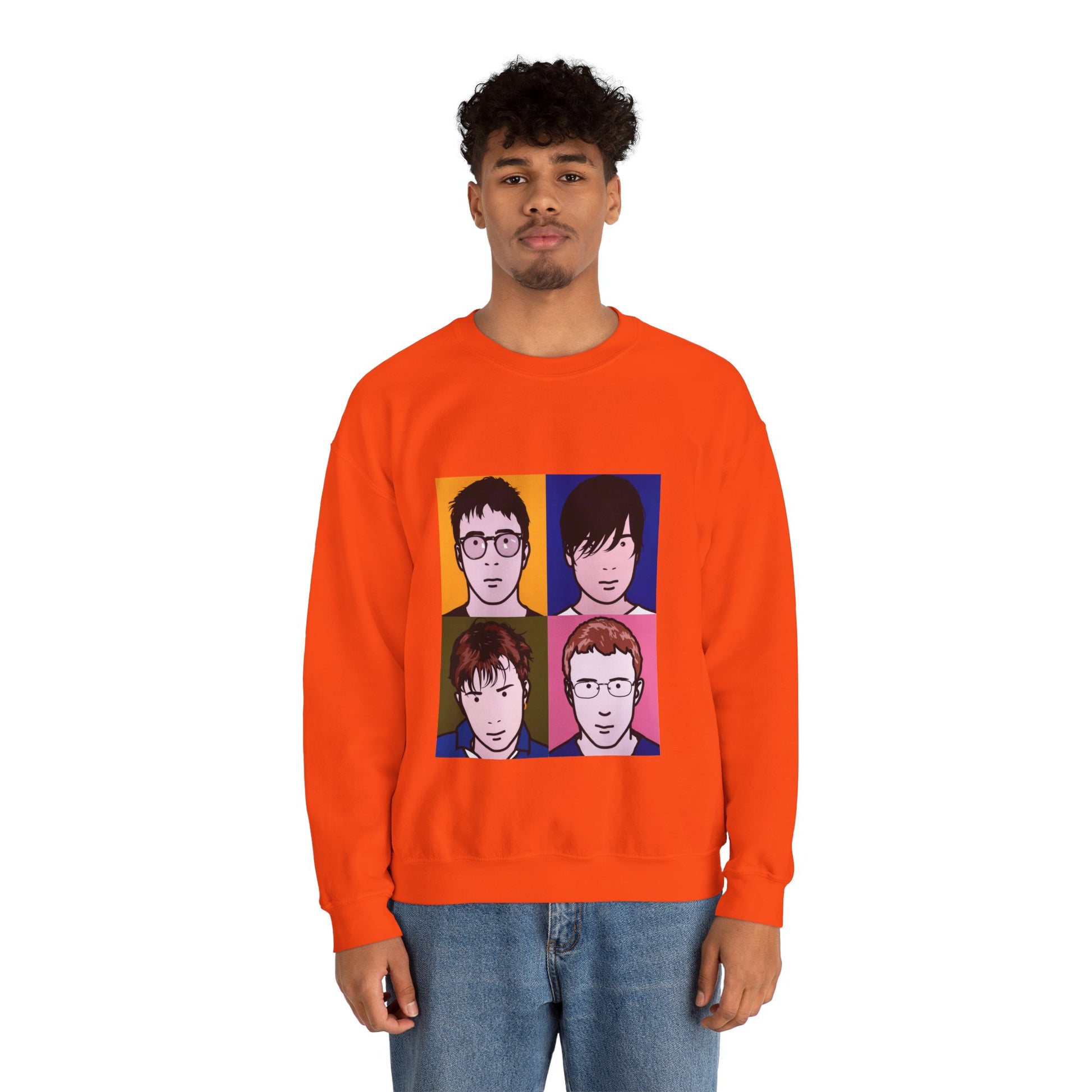 Male model wearing Orange Blur Tribute Unisex Sweatshirt with Blur-inspired design.