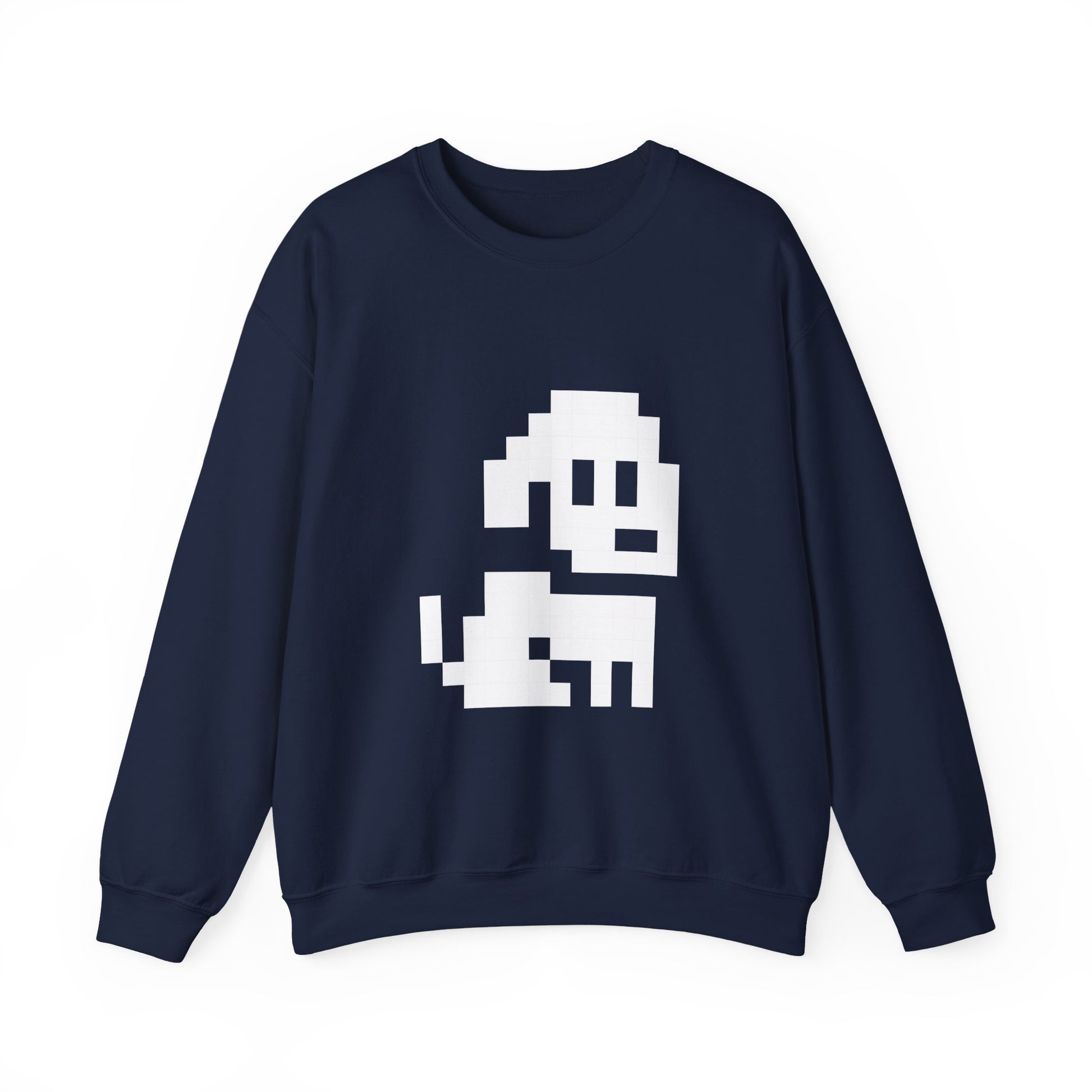 Navy blue sweatshirt with white pixelated dog on a white background