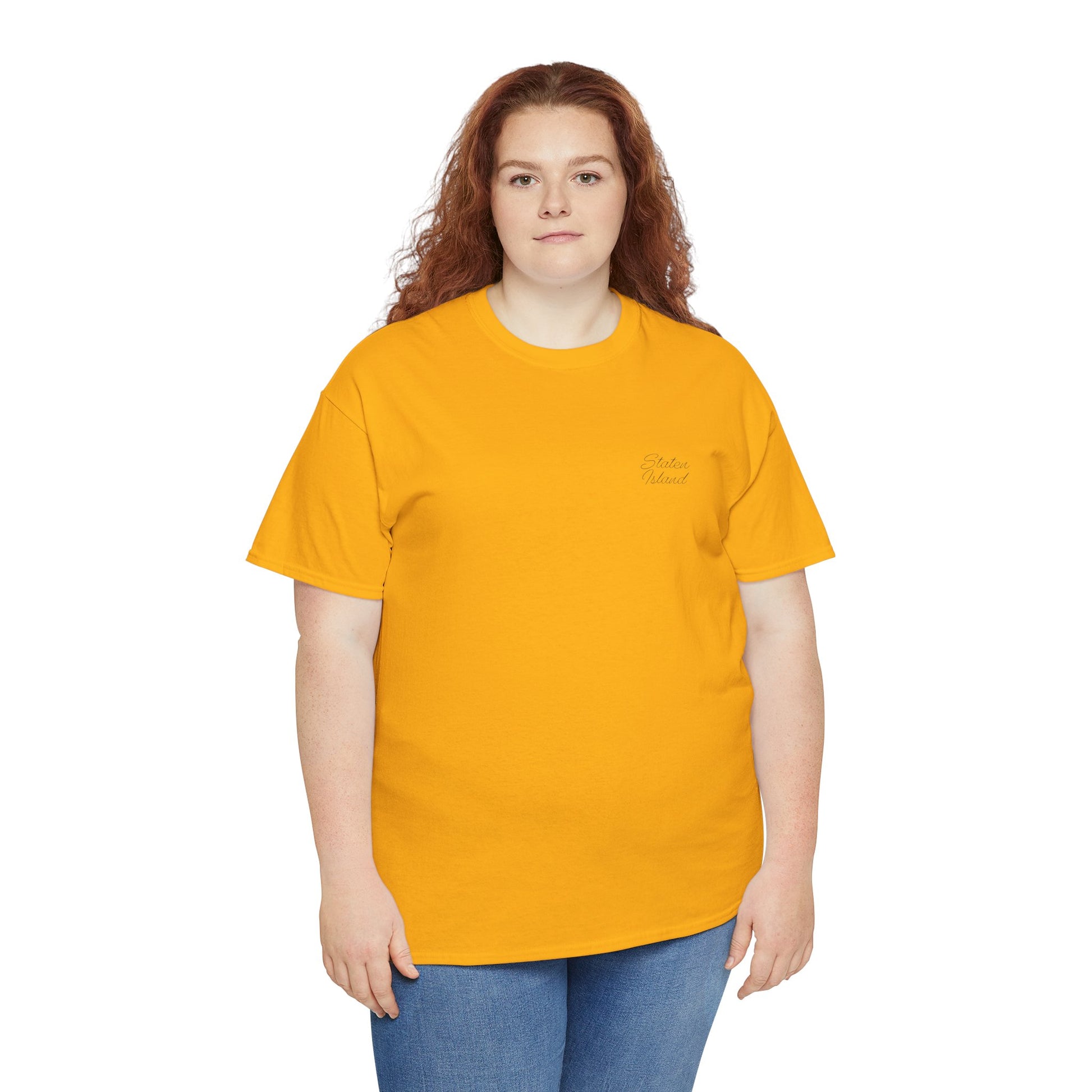 Female model in gold Staten Island T-Shirt front view.