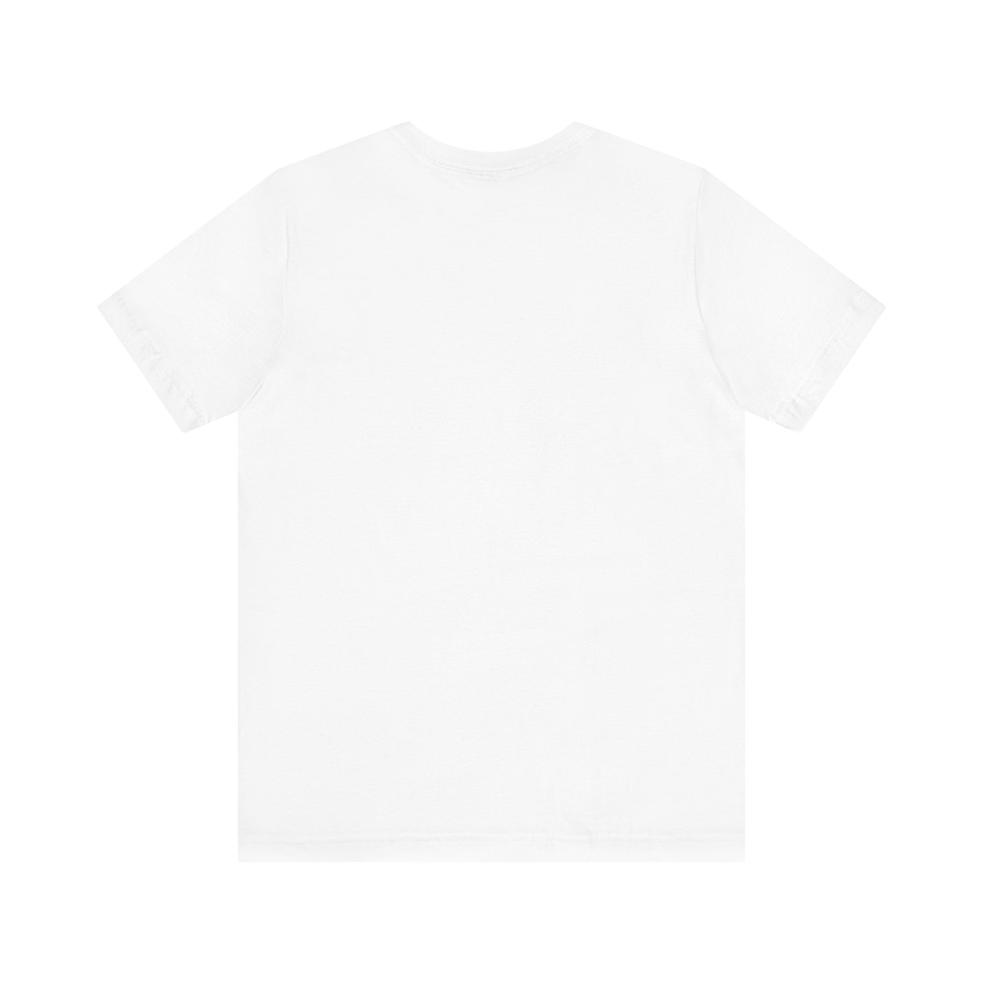 Plain white T-shirt back view displayed flat.