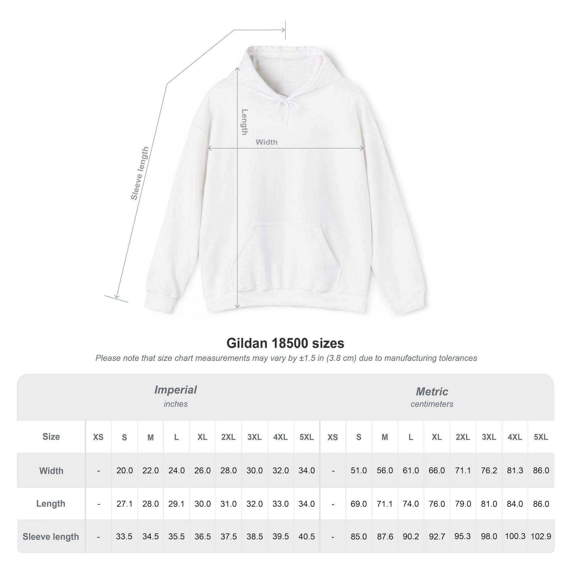 White hoodie product size chart with garment measurements.