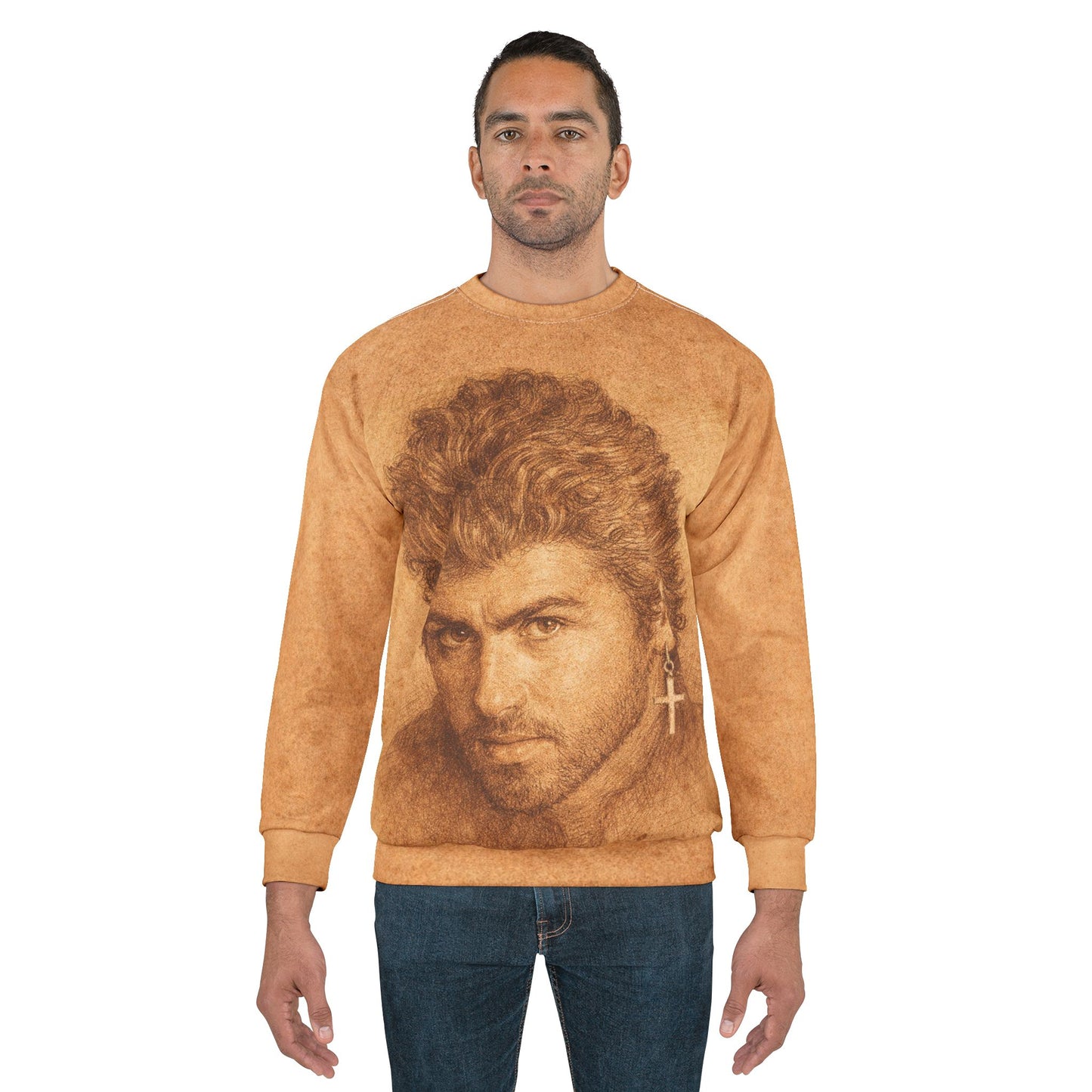 Male model wearing George Michael portrait unisex sweatshirt against white background