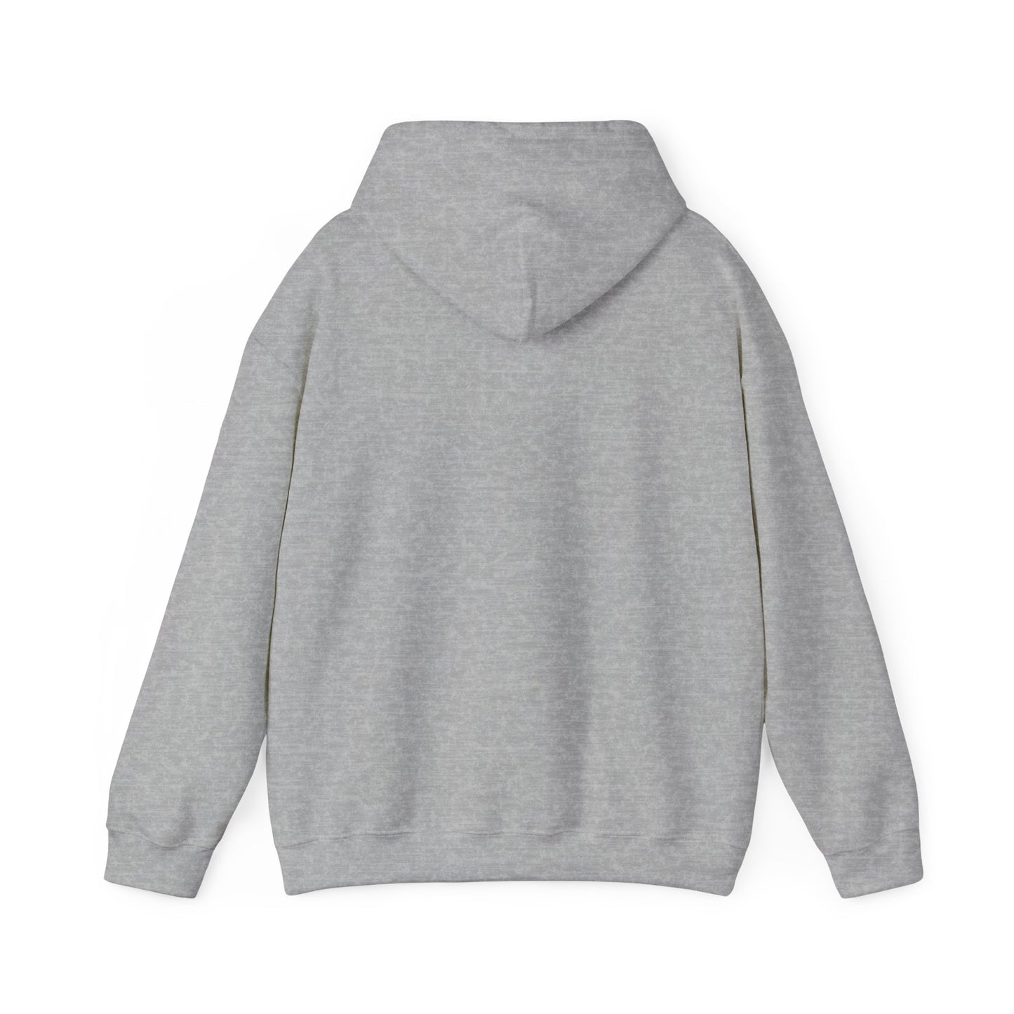 Back view of gray hoodie worn by a person, hood up and plain back.