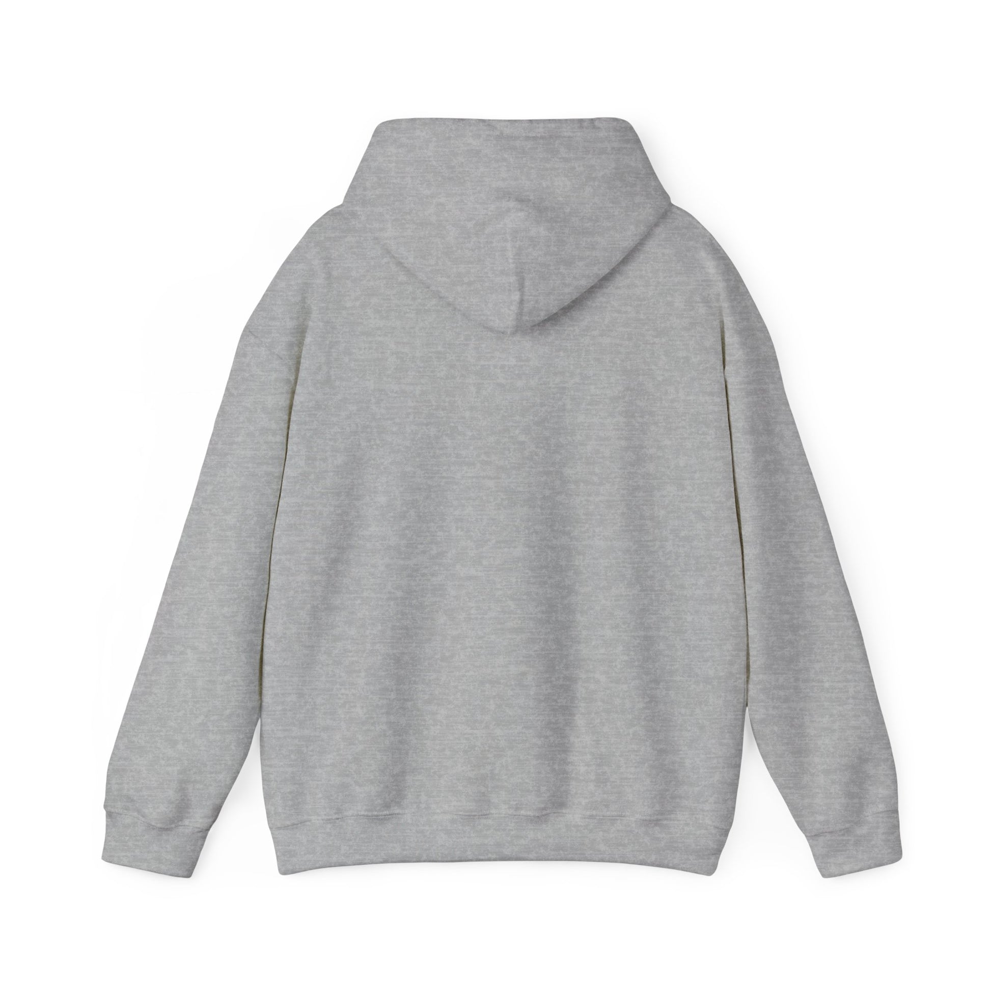 Back view of gray hoodie worn by a person, hood up and plain back.