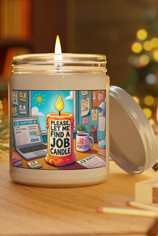 Please, Let Me Find A Job Candle glowing on wooden table with lights