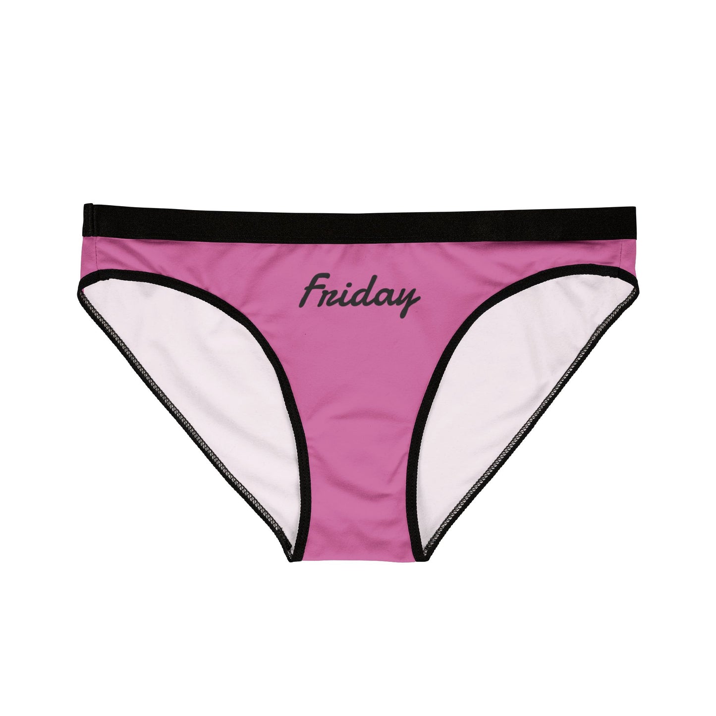 Pink underwear with 'Friday' text on a white background