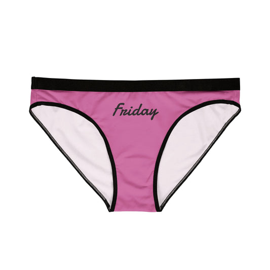 Pink underwear with 'Friday' text on a white background