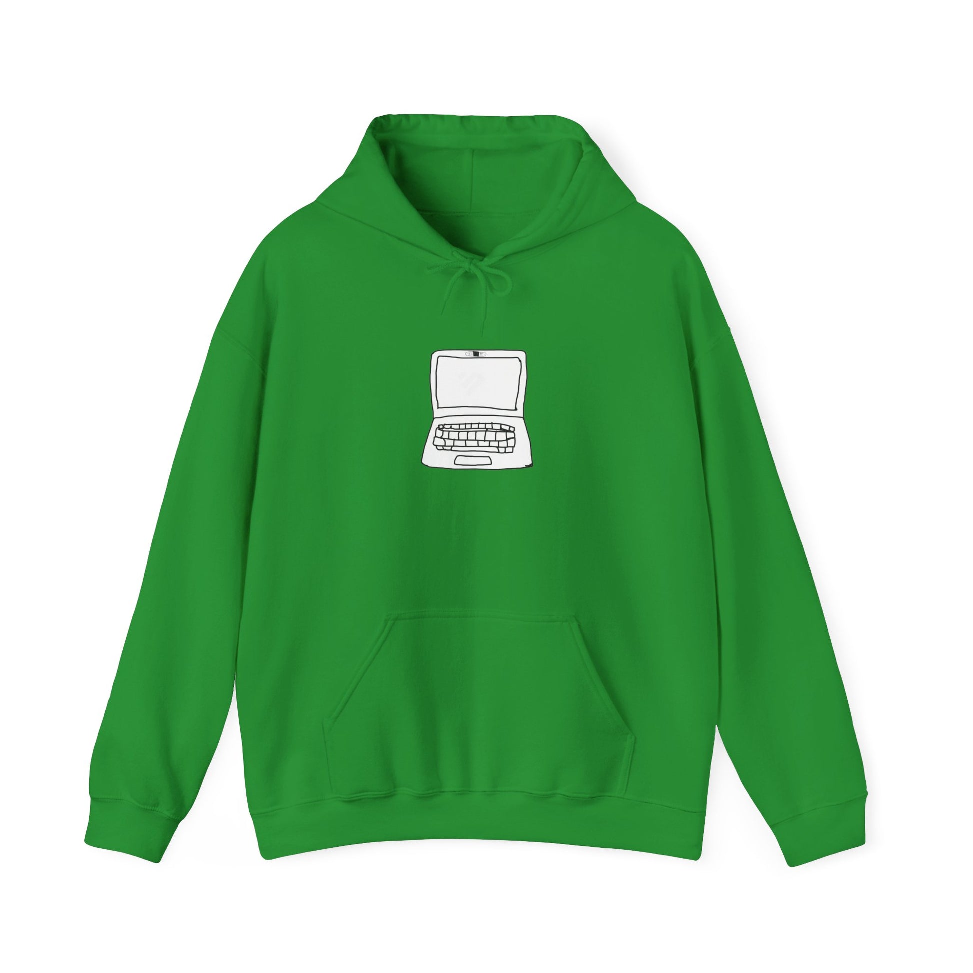 Green Unisex Laptop No Cam Hoodie flat lay front view