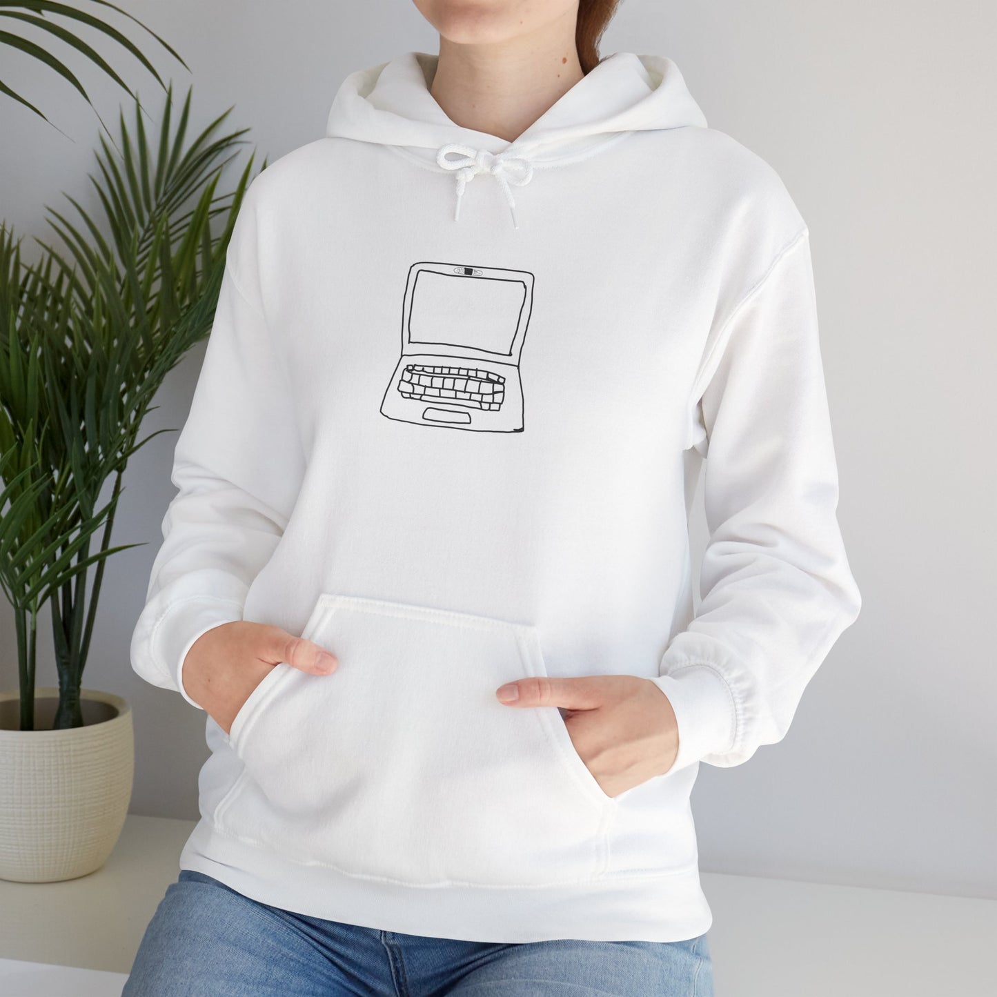 Person wearing white Unisex Laptop No Cam Hoodie indoors