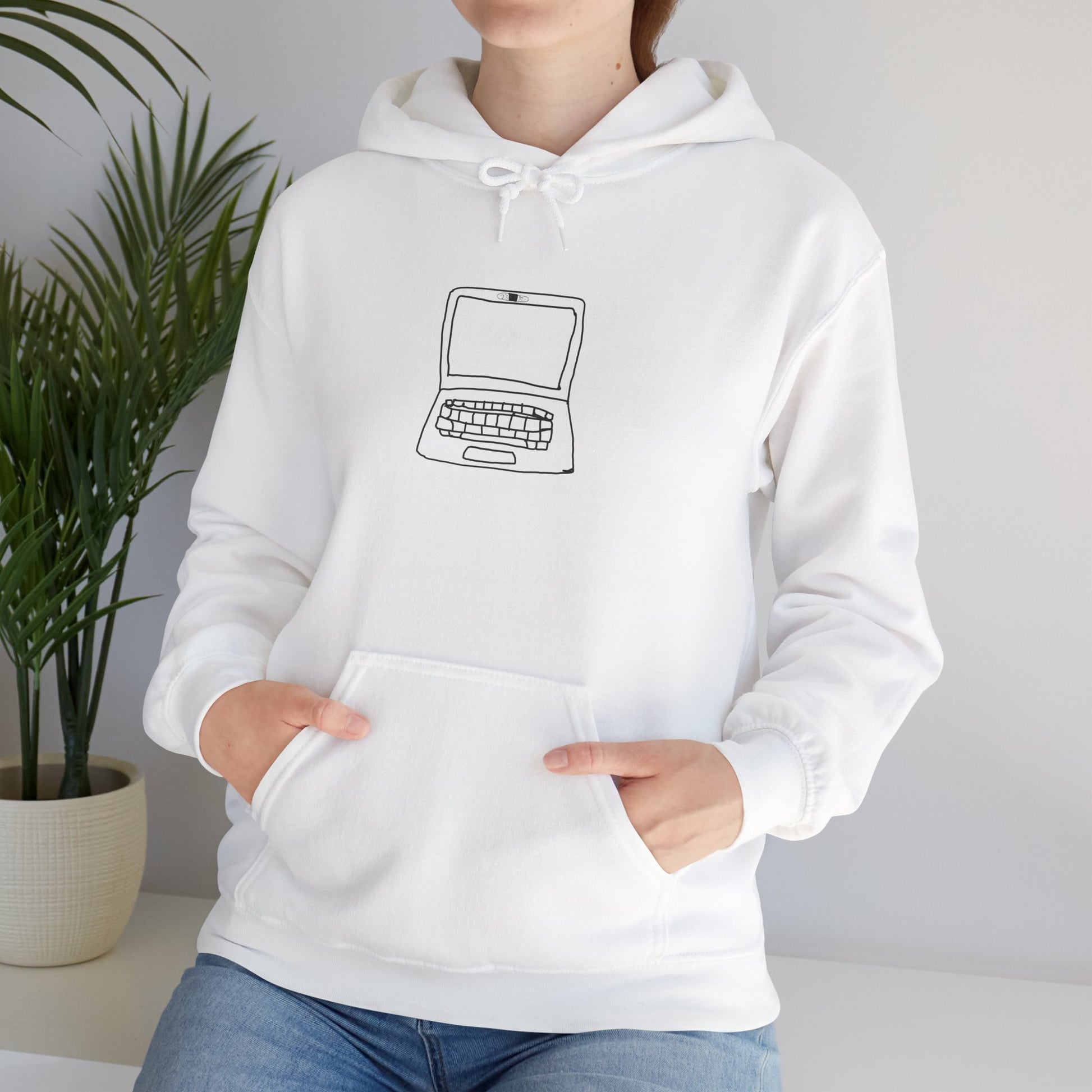 Person wearing white Unisex Laptop No Cam Hoodie indoors