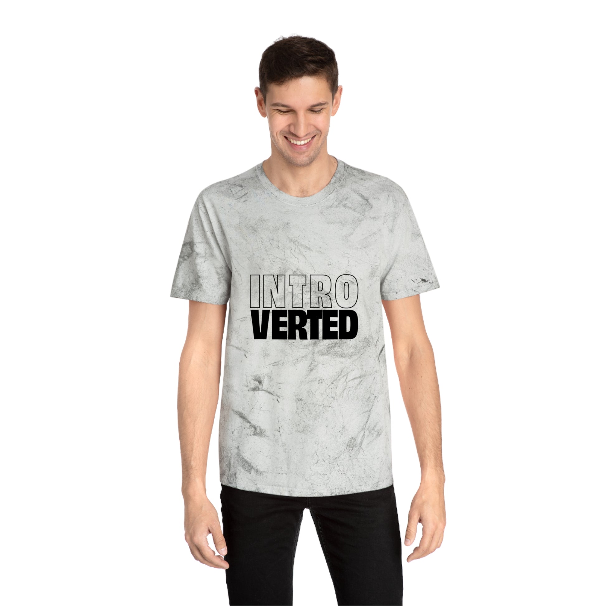 Man wearing gray tie-dye Introverted Color Blast T-Shirt