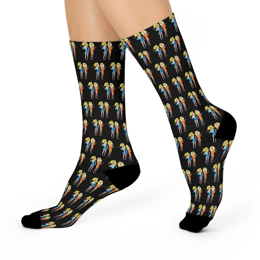Side view of waitress crew socks on feet, showing hand-drawn pattern.