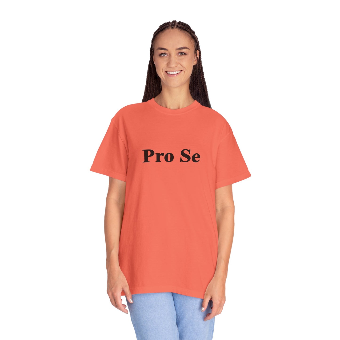 Woman wearing a bright orange Pro Se T-Shirt with bold black text, ethically made from 100% US-grown cotton. A minimalist legal tee perfect for law lovers and self-representers.

