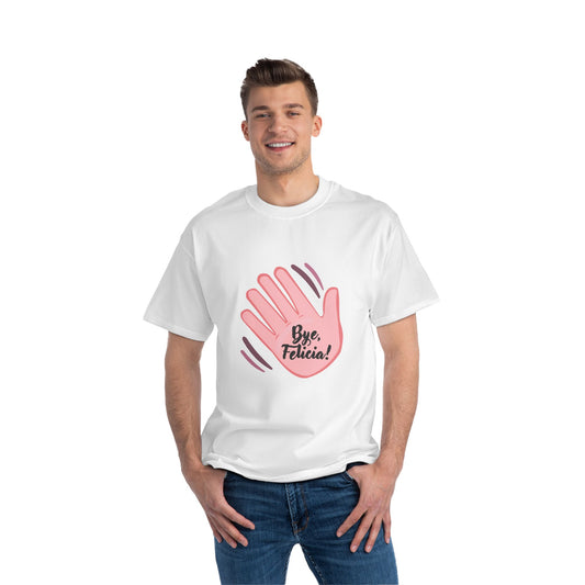 Man wearing white Bye Felicia T-Shirt with pink hand graphic