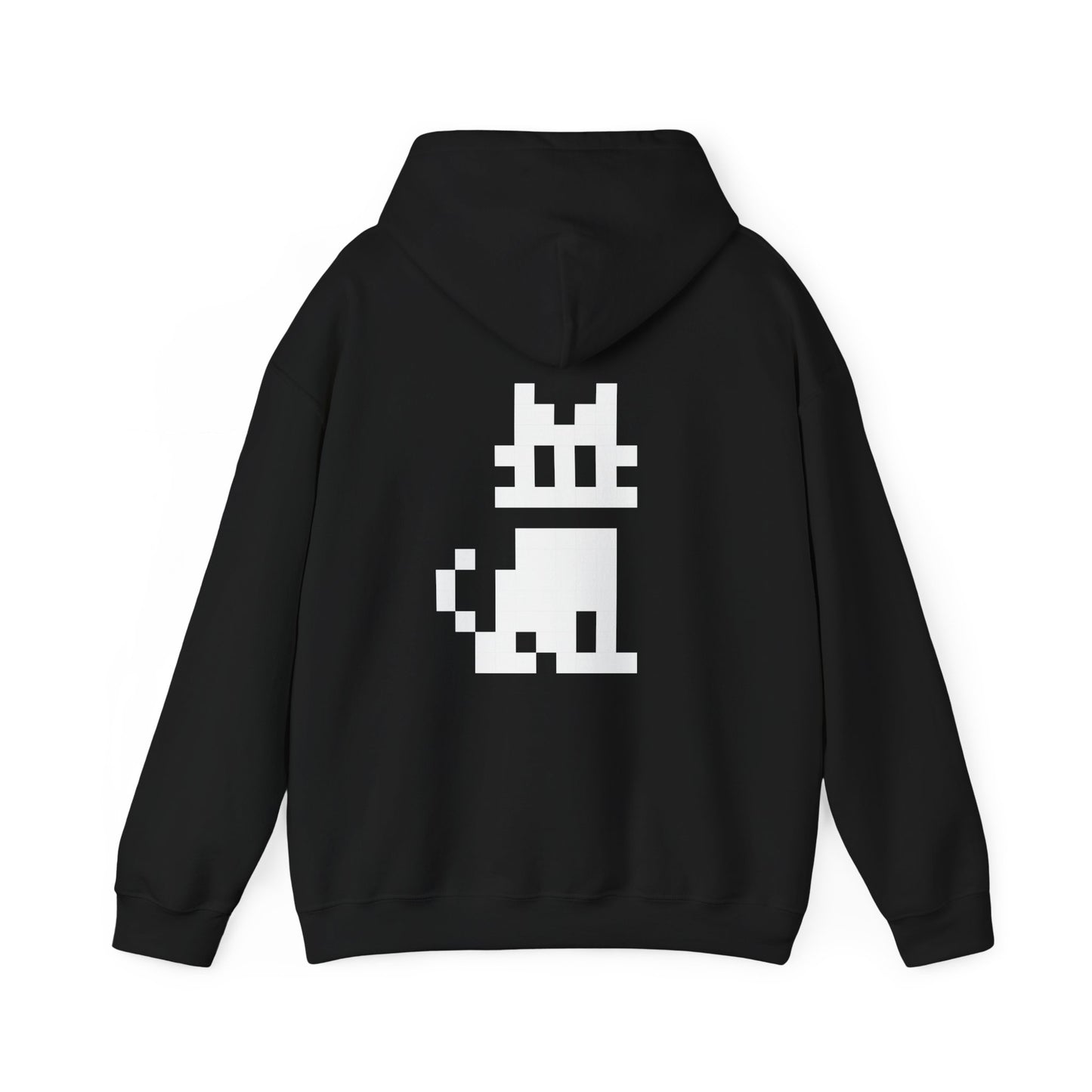 Pixel Cat Unisex Hoodie black flat lay with pixel cat graphic on back