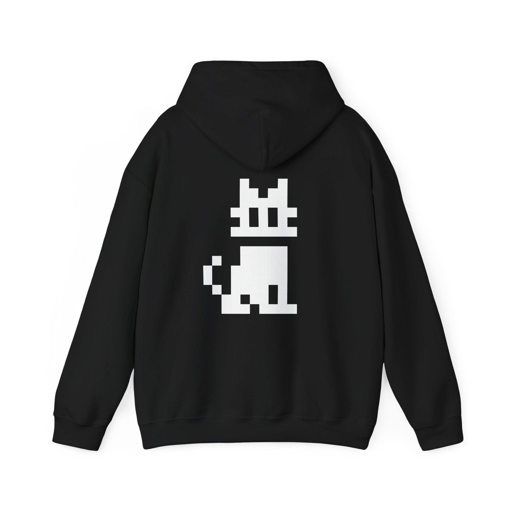 Pixel Cat Unisex Hoodie black flat lay with pixel cat graphic on back