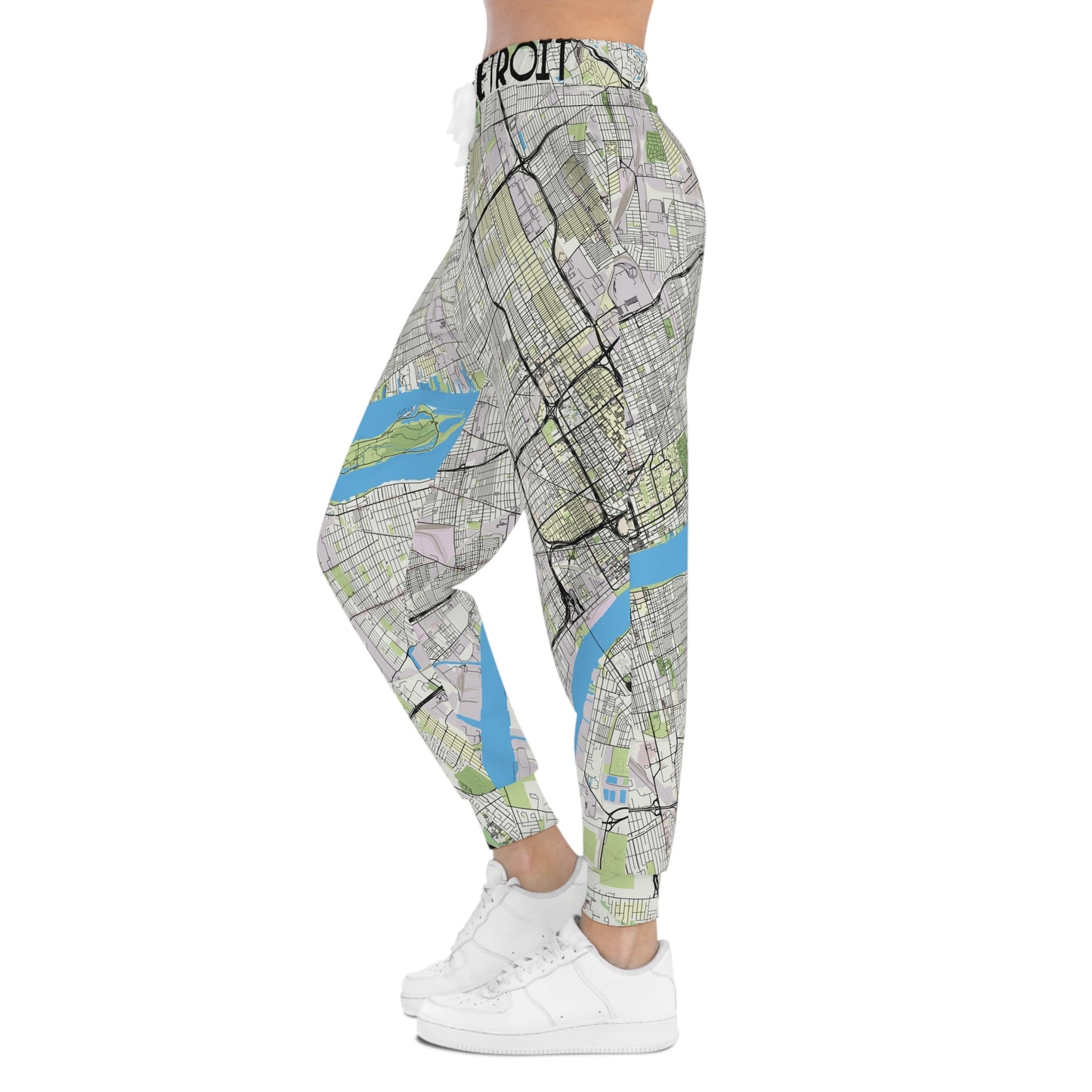 Side angle of Detroit Joggers on female model showing tapered fit and map design