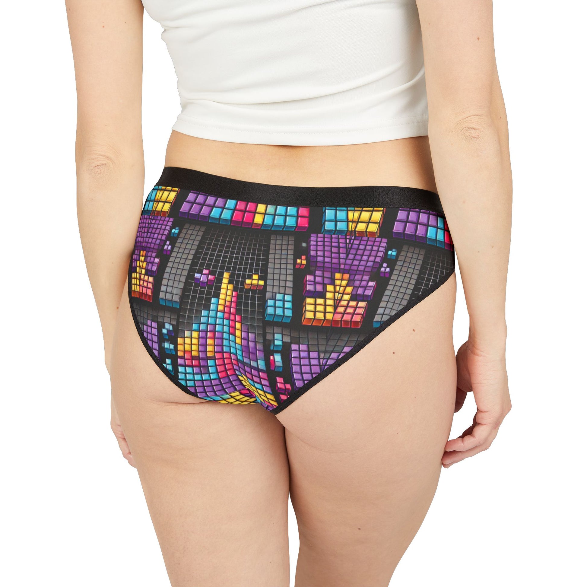 Model wearing Tetris Panty back view highlighting colorful retro design